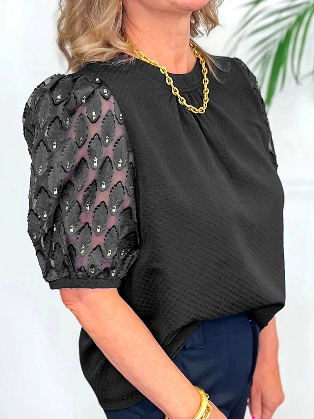 Bubble Sleeve Patchwork Textured Blouse - enhanced image 11