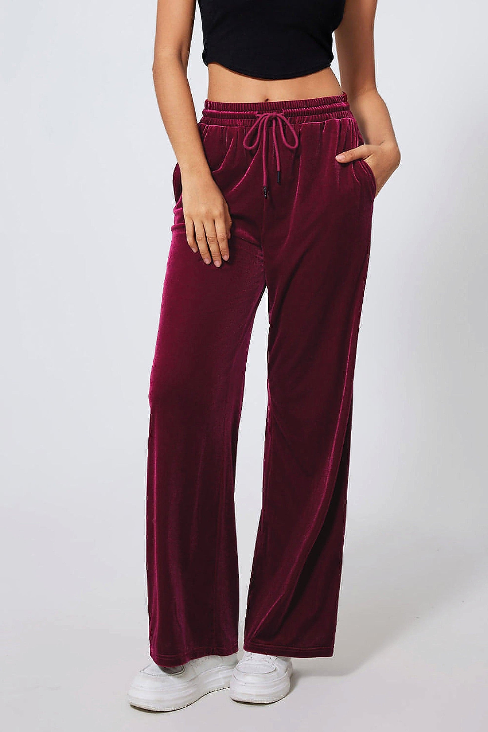 Burgundy Solid Drawstring Waist Wide Leg Pants - enhanced image 11