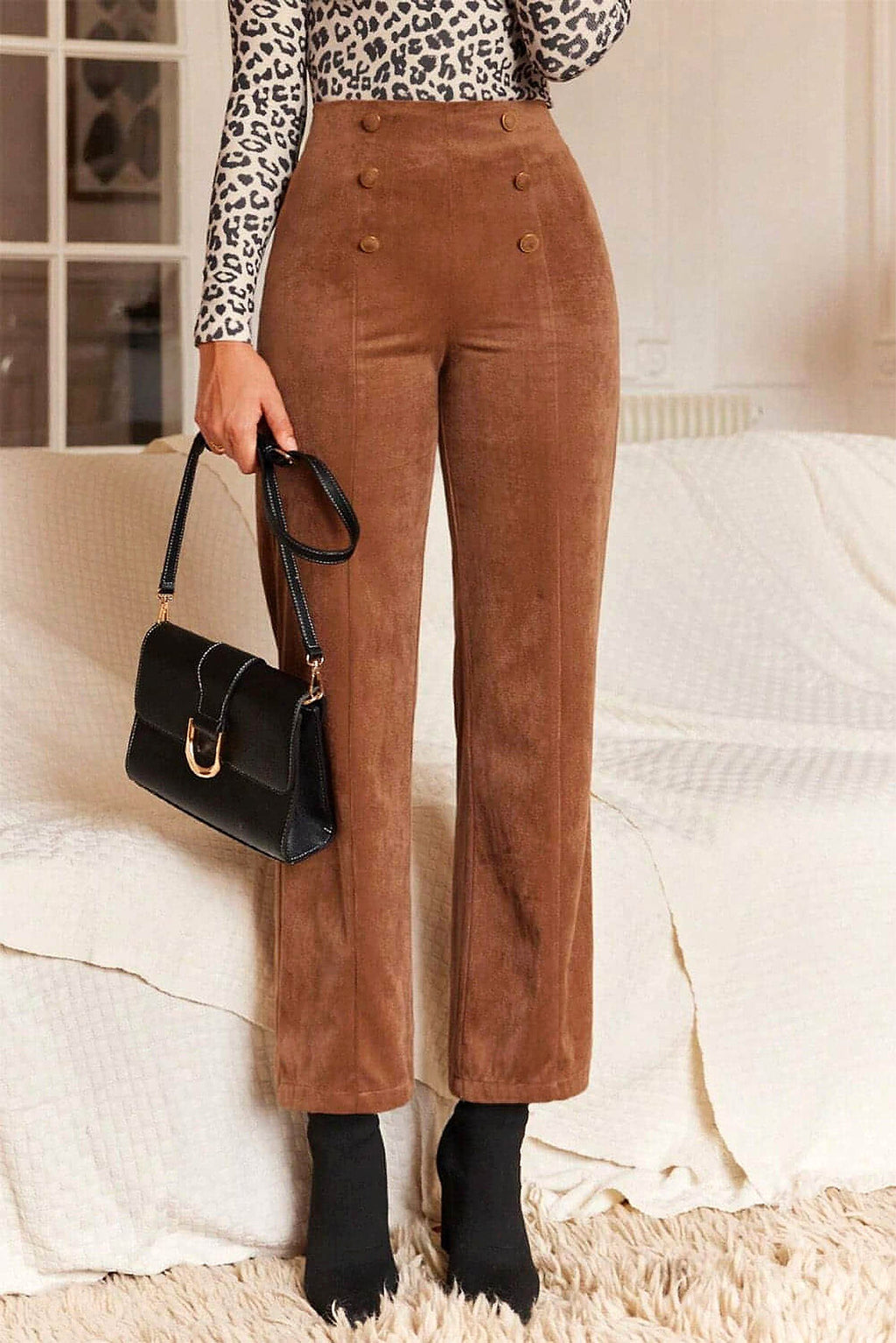 Chestnut Solid Color Double Breasted Straight Leg Pants - enhanced image 11