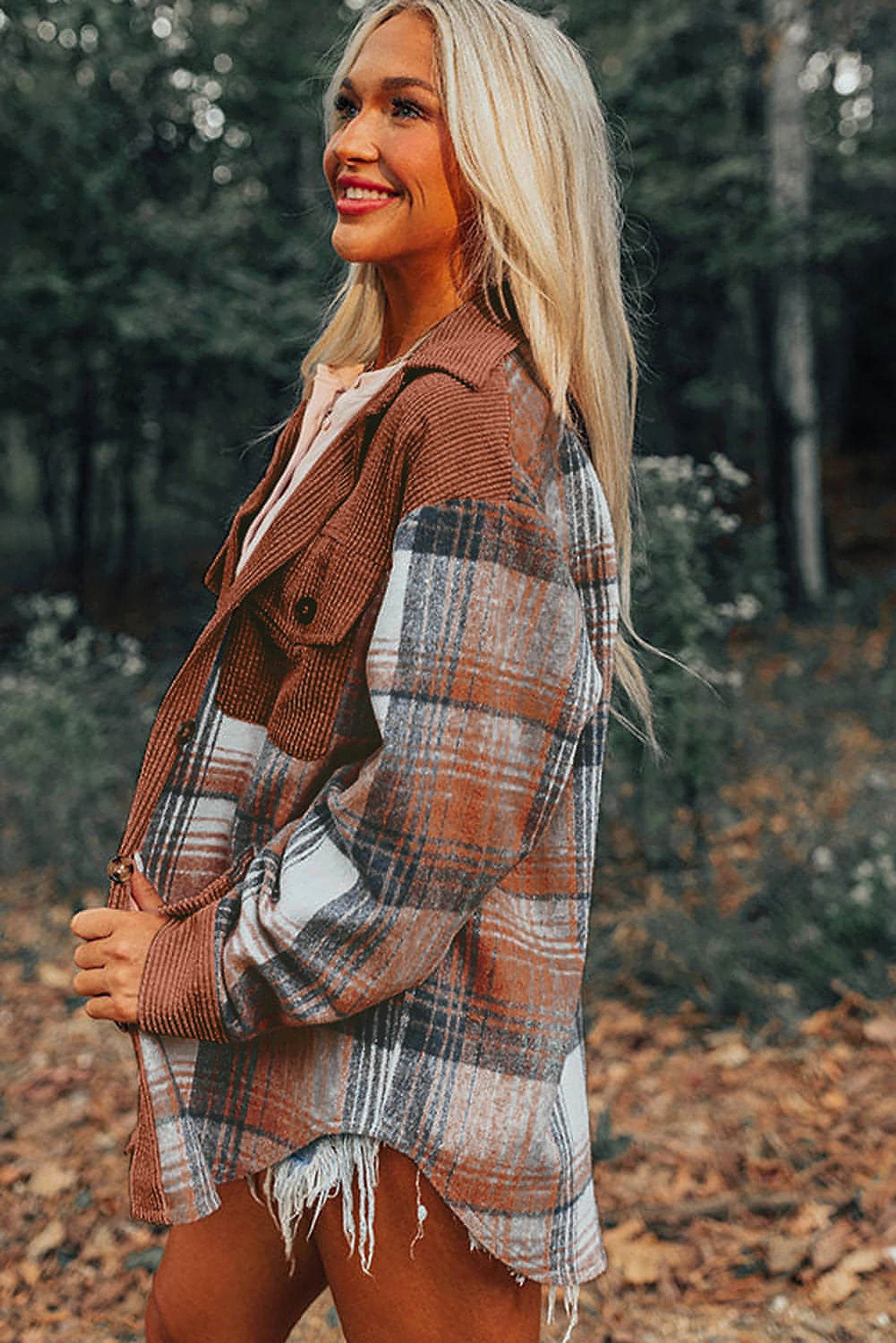 Cinnamon Plaid Corduroy Patchwork Chest Pocket Shacket - enhanced image 11