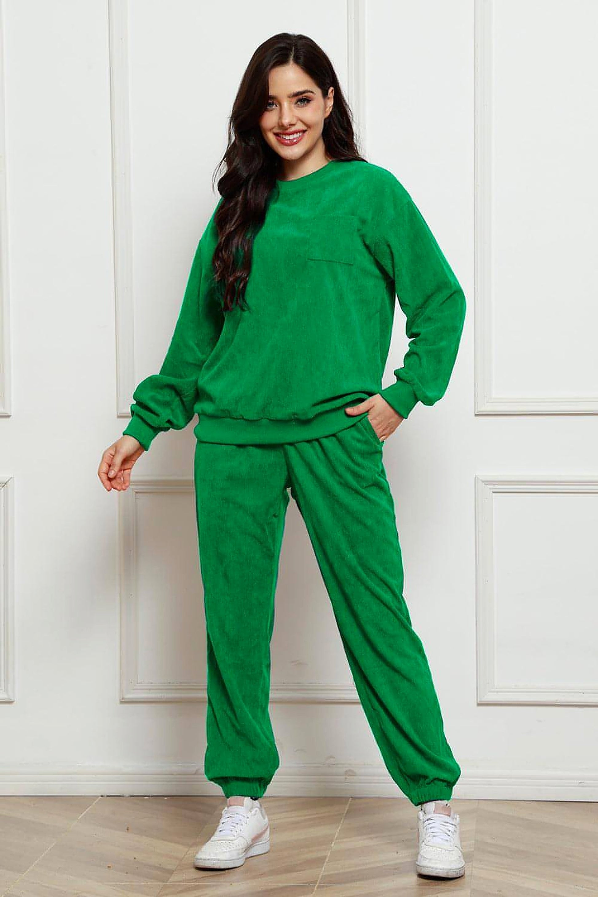 Corduroy Round Neck Sweatshirt and Sweatpants Set - enhanced image 11