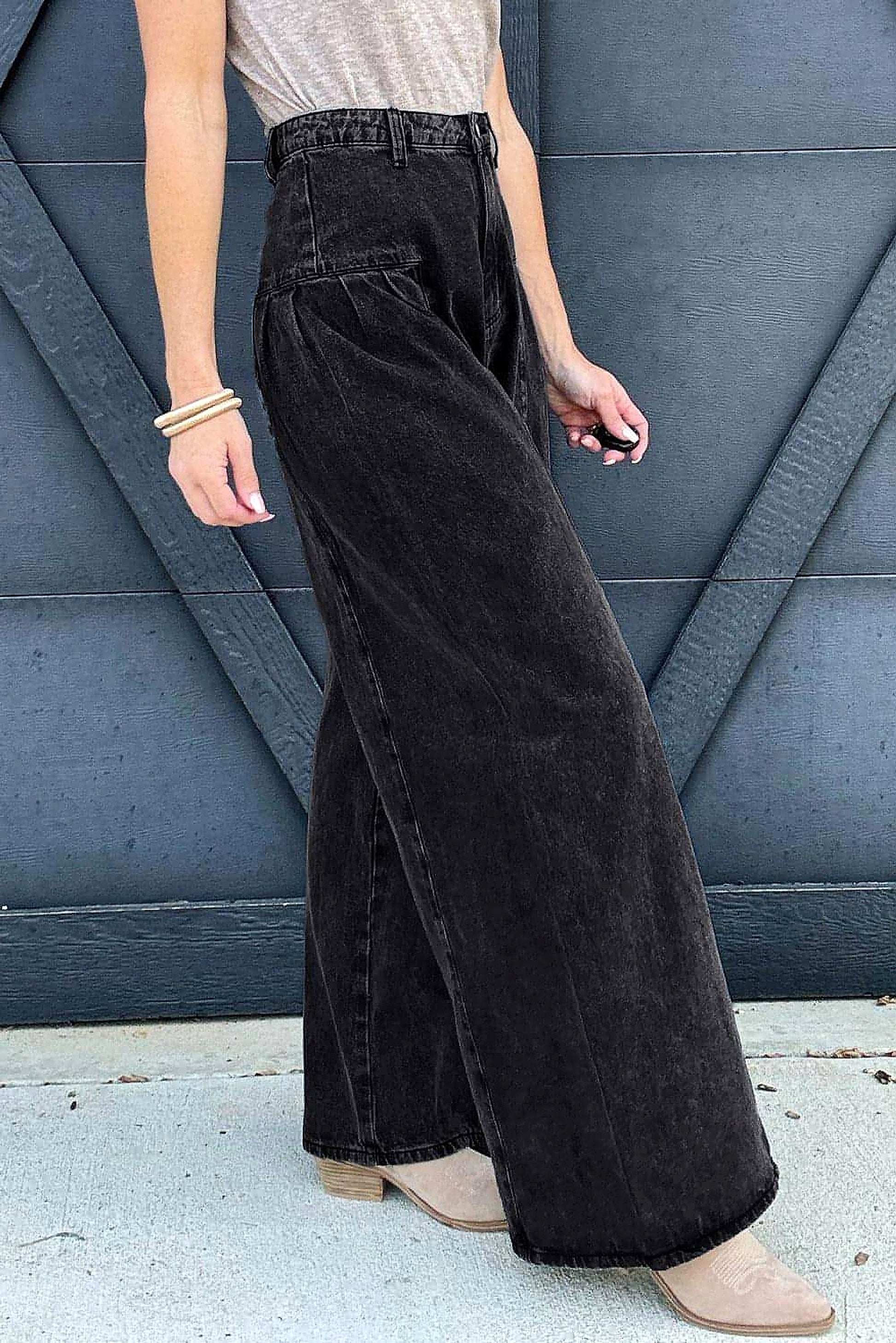 Dark Grey Pleated Wide Leg Mineral Wash Denim Pants - enhanced image 11