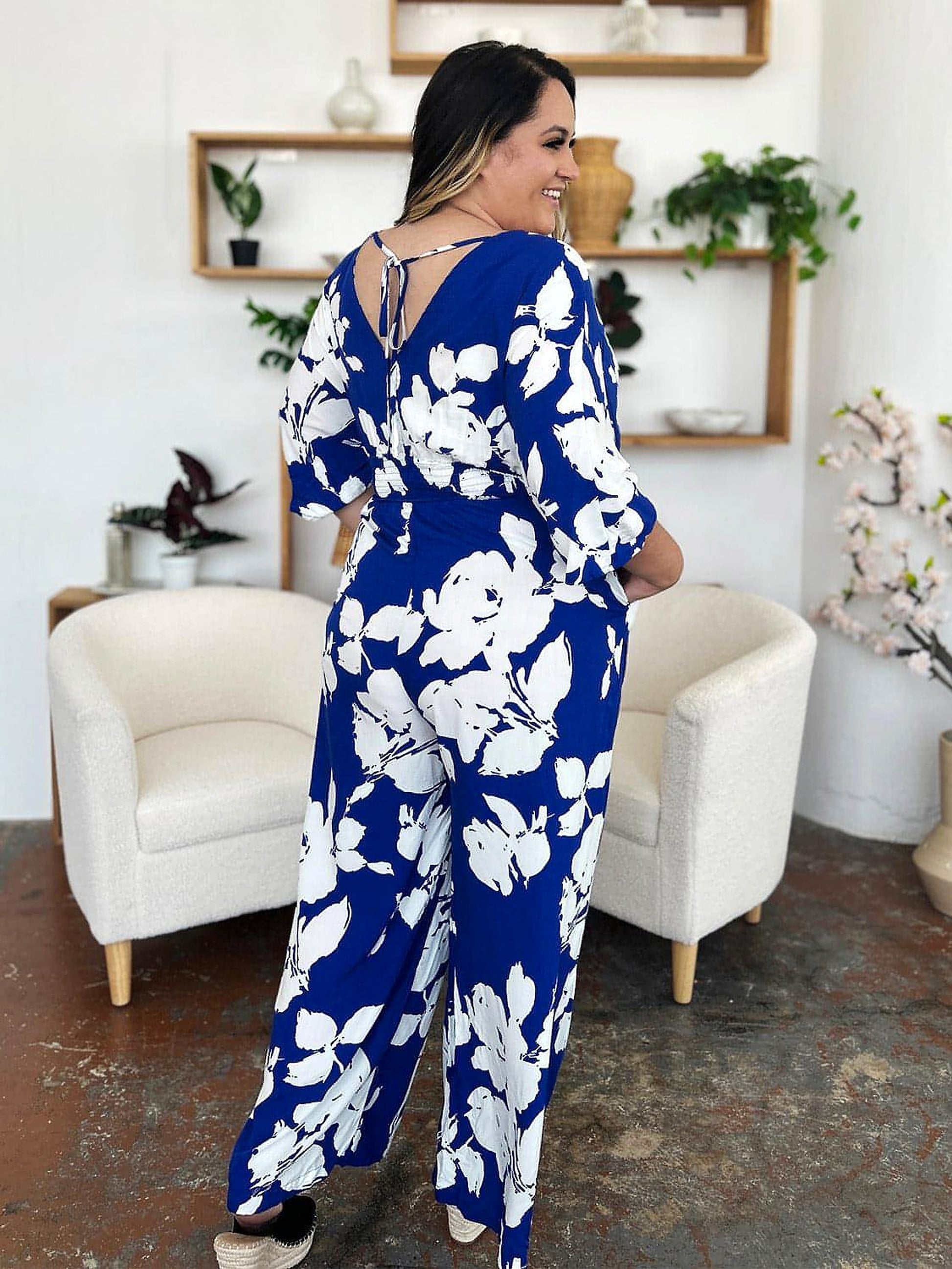 Double Take Full Size Printed Tie Back Wide Leg Jumpsuit - enhanced image 11
