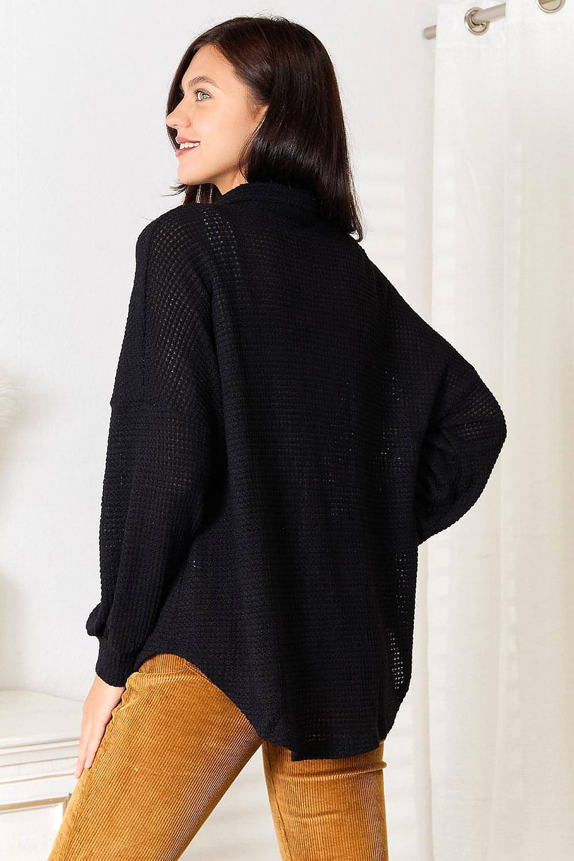 Double Take Waffle-Knit Collared Neck Dropped Shoulder Shirt - enhanced image 11