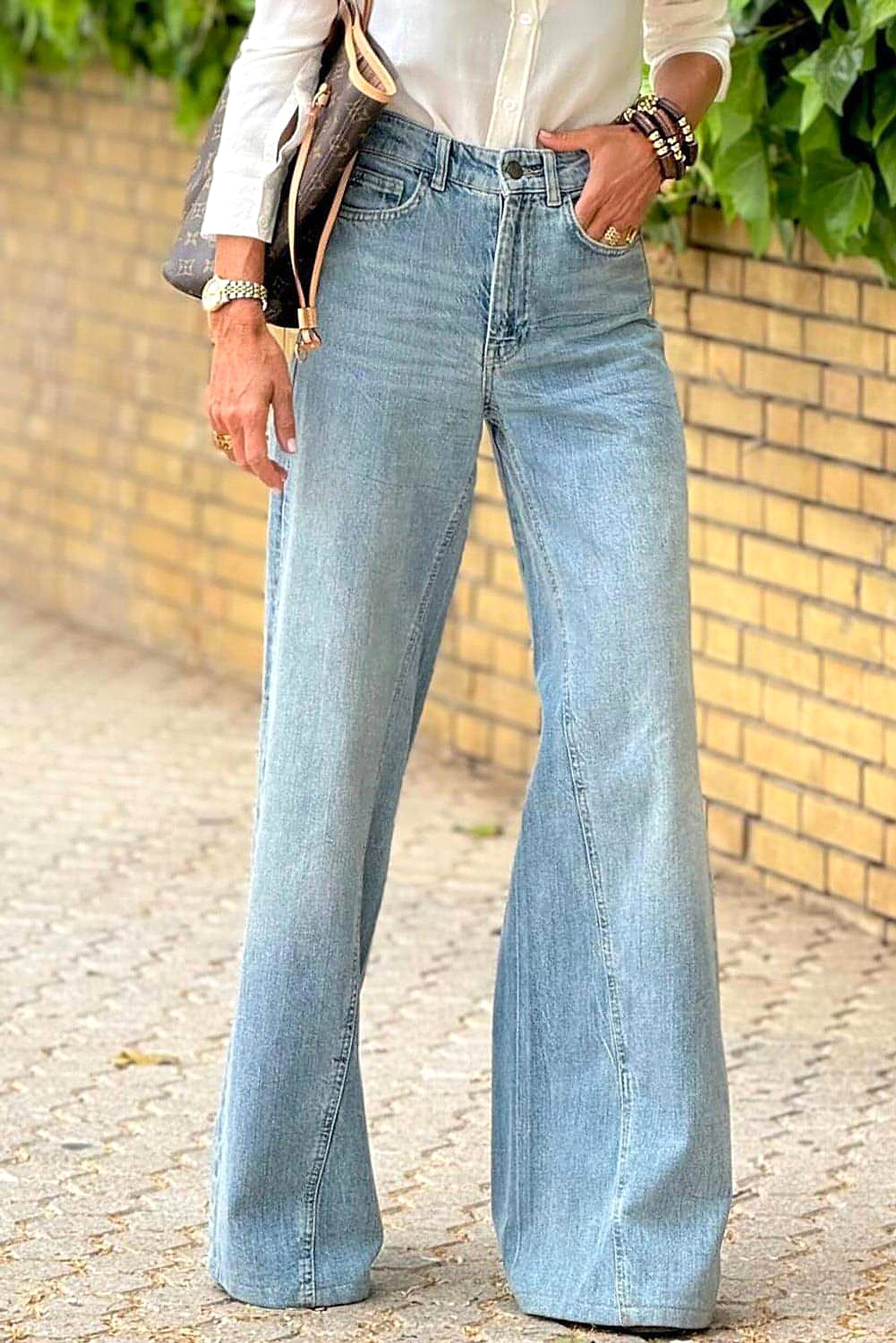 Dusk Blue Acid Wash Extra Wide Leg High Waist Long Jeans. - enhanced image 11