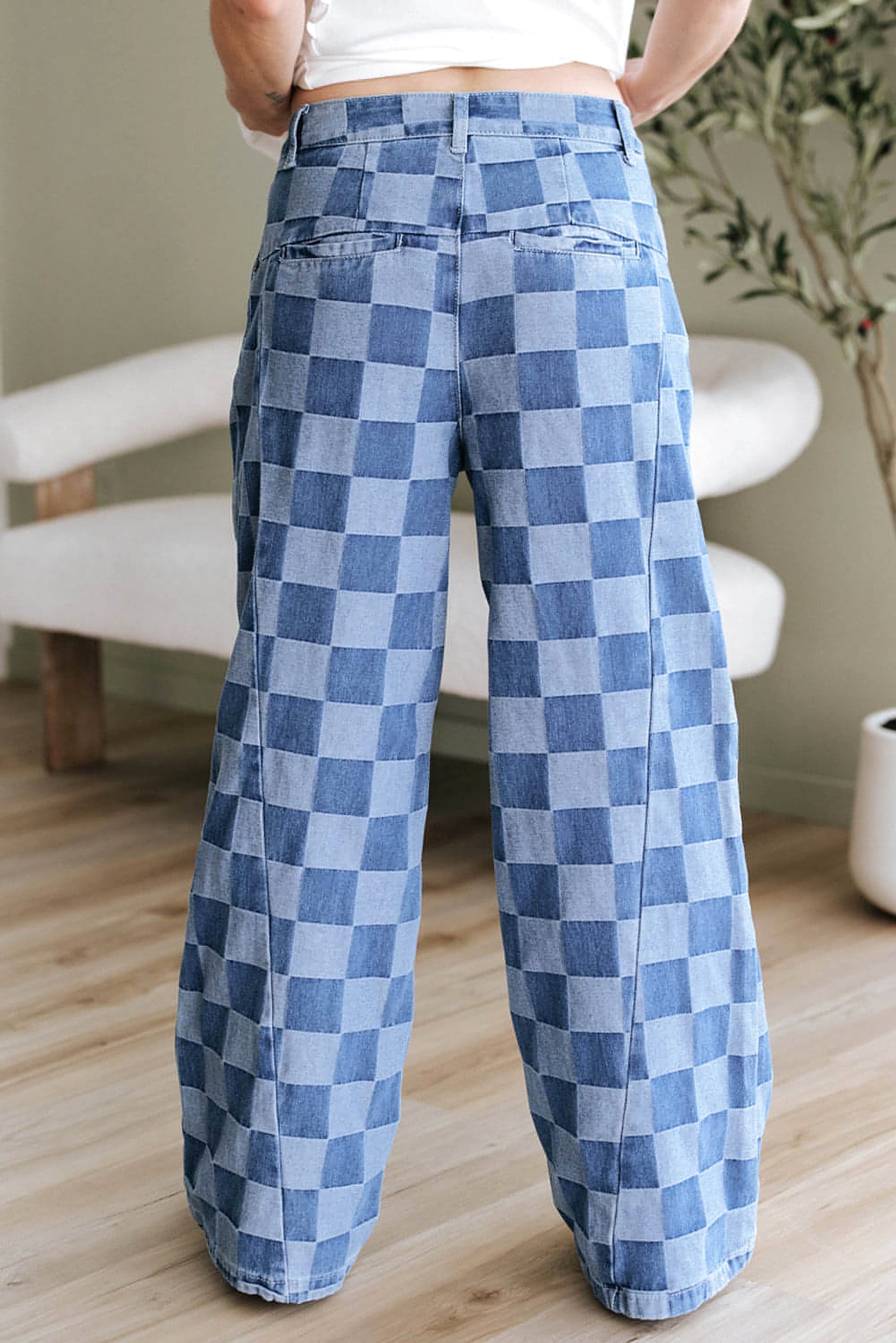 Dusk Blue Checkered Denim Wide Leg Jeans - enhanced image 11