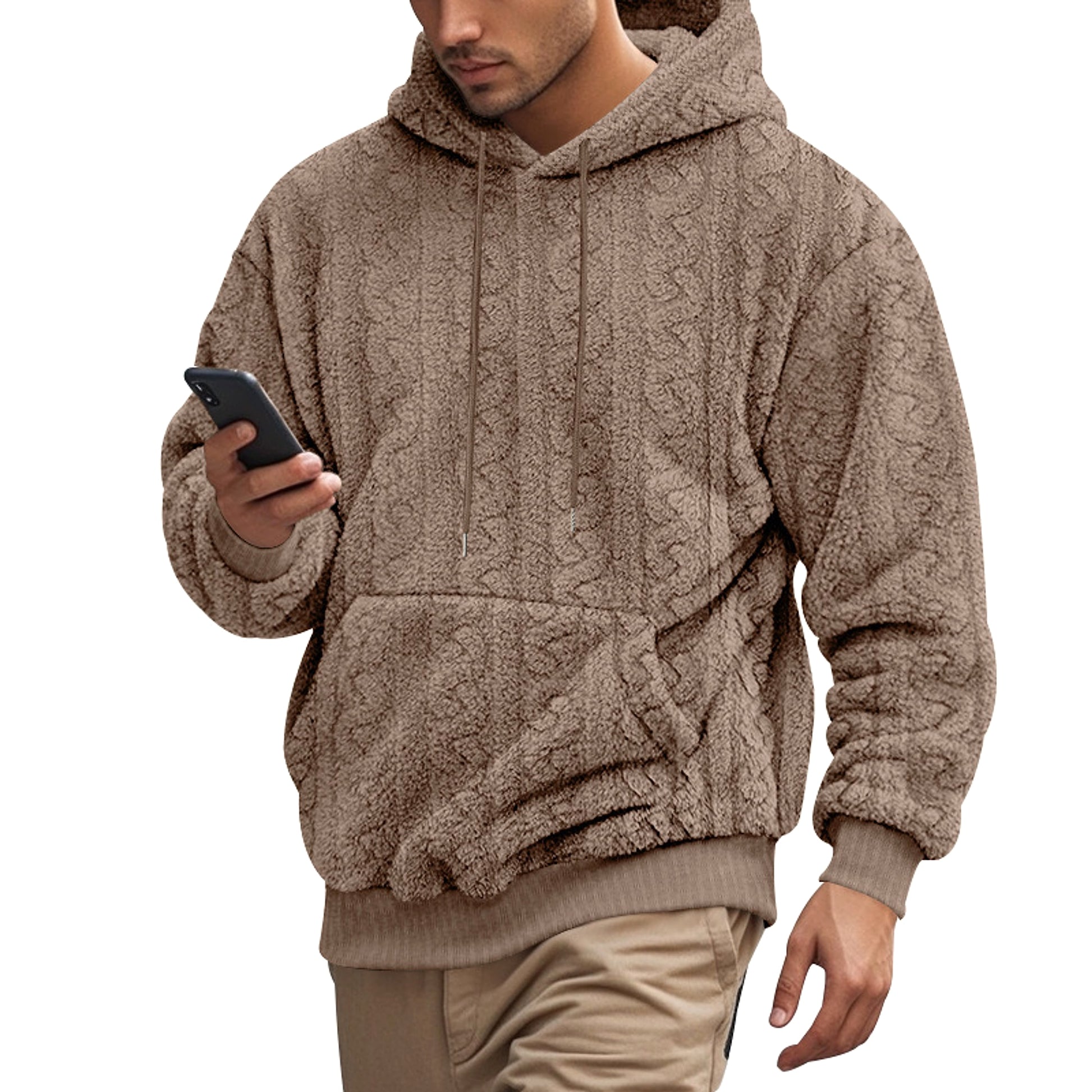 European And American Fall Winter Men Hooded Jacquard Teddy Plush Sports And Leisure Sweater - enhanced image 11