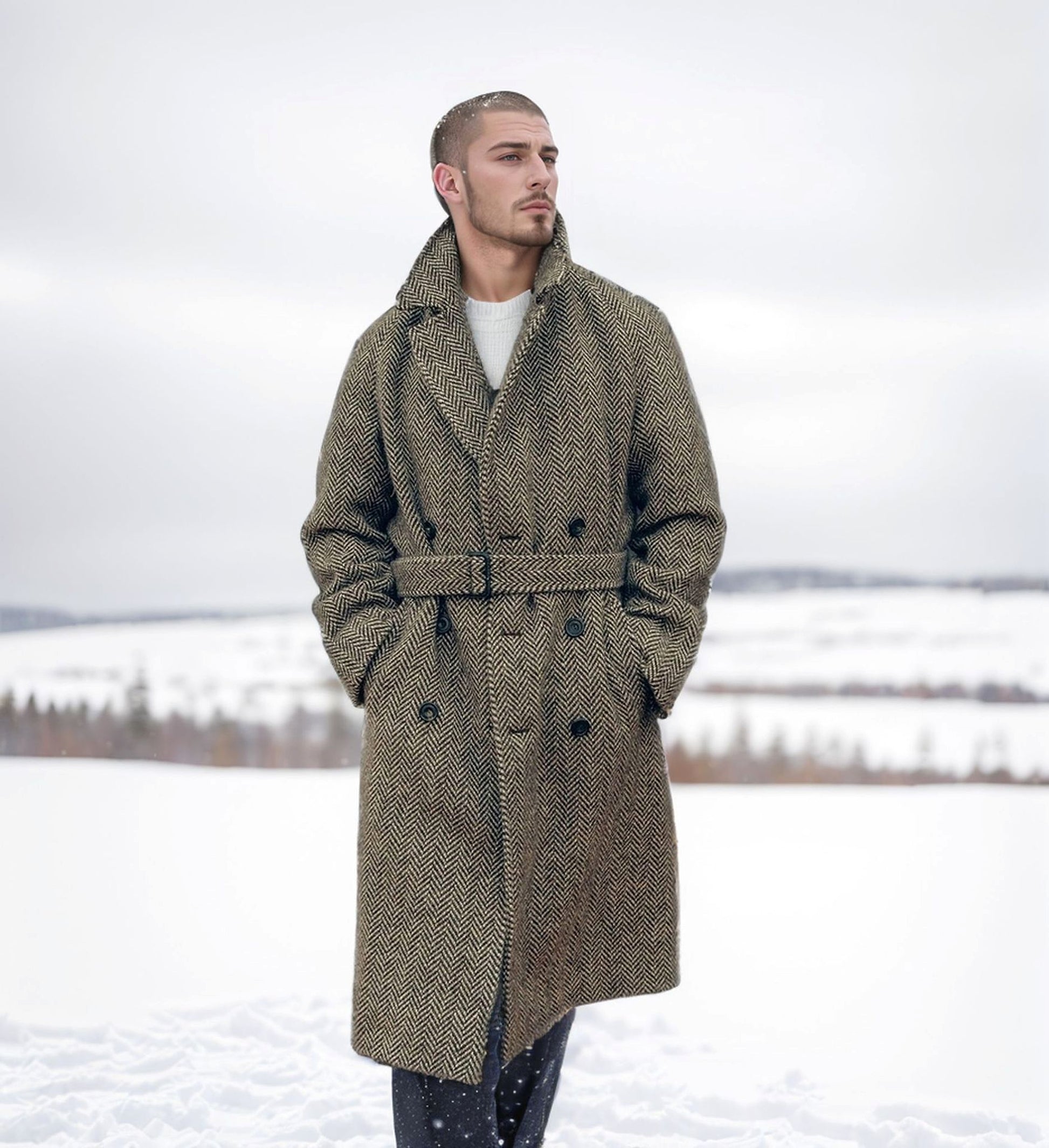 Fall Winter Men Mid-length Woolen Plaid Double Breasted Cotton Padded Thickened Coat - enhanced image 11
