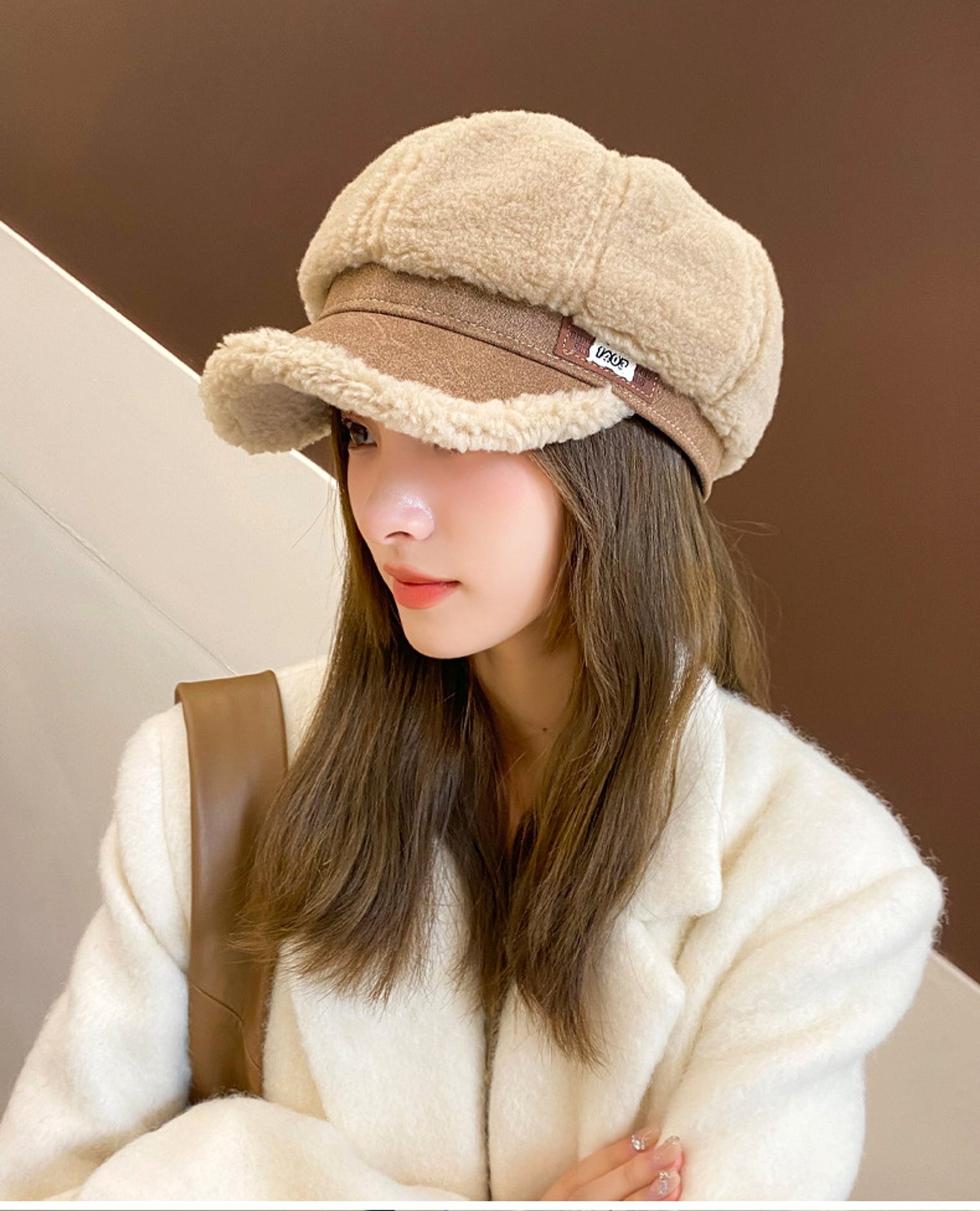 Faux Cashmere Fashion Leather Tag Octagonal Winter Warm Peaked Cap Hat - enhanced image 11
