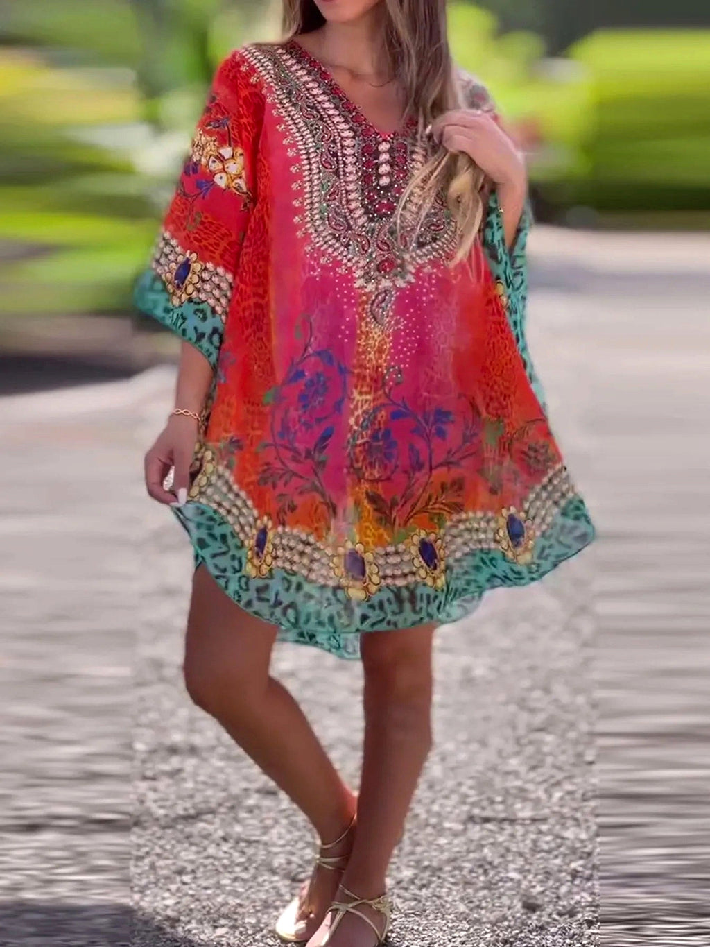 Floral Print V-Neck Cover Up - enhanced image 11
