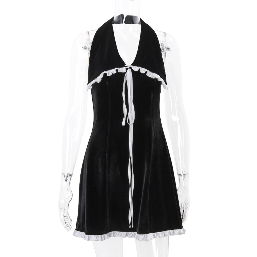 Flounce Trim Lace Up Backless Suede Slim-fit Halter Dress Women - enhanced image 11