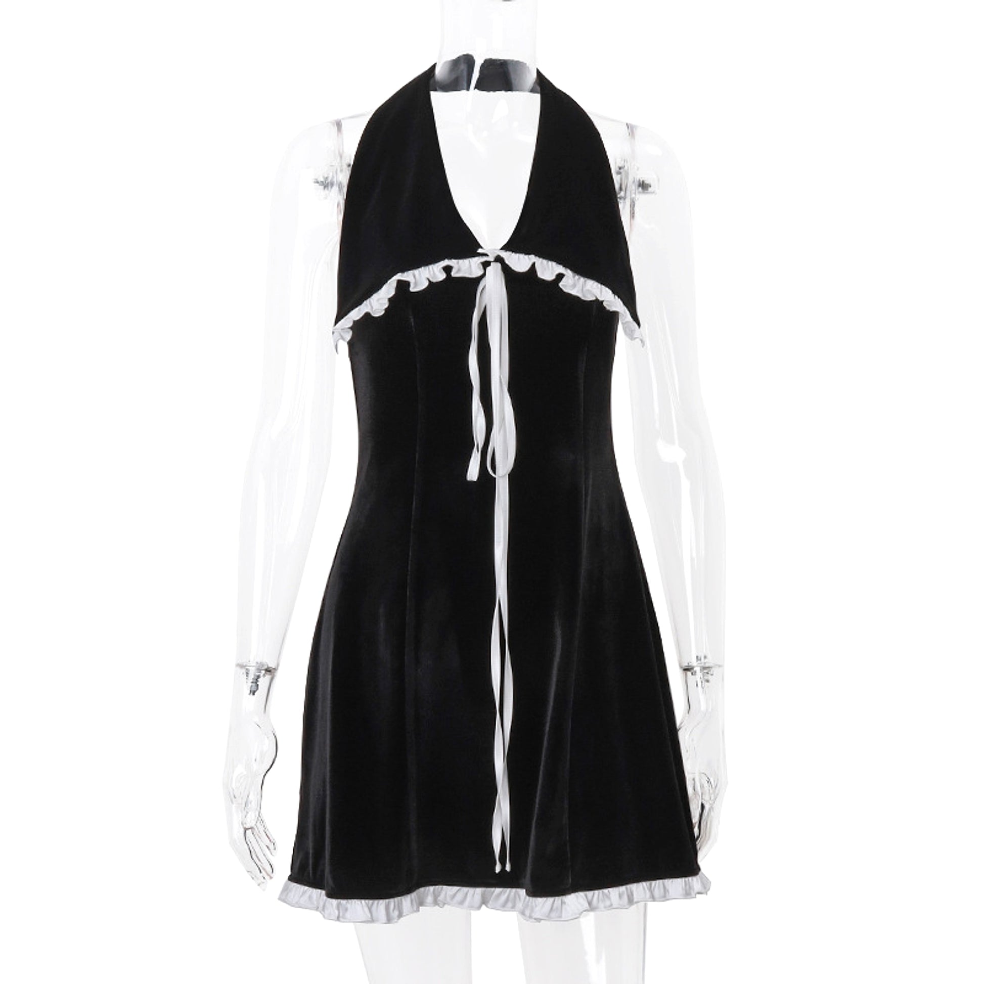 Flounce Trim Lace Up Backless Suede Slim-fit Halter Dress Women - enhanced image 11