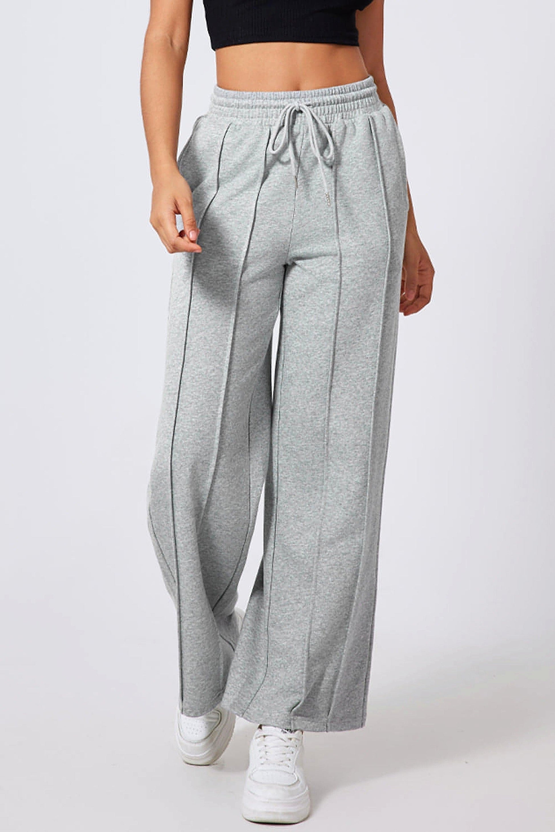 Gray Seamed Drawstring High Waist Wide Leg Sweatpants - enhanced image 11