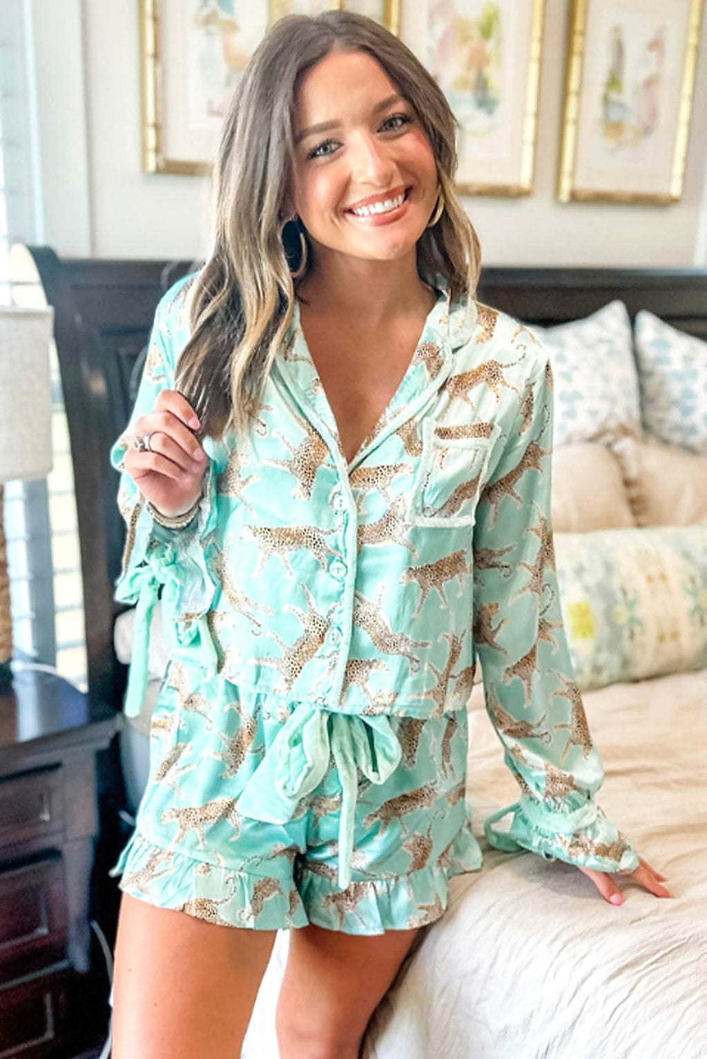 Green Leopard Satin Ruffle Pajama Short Set - enhanced image 11