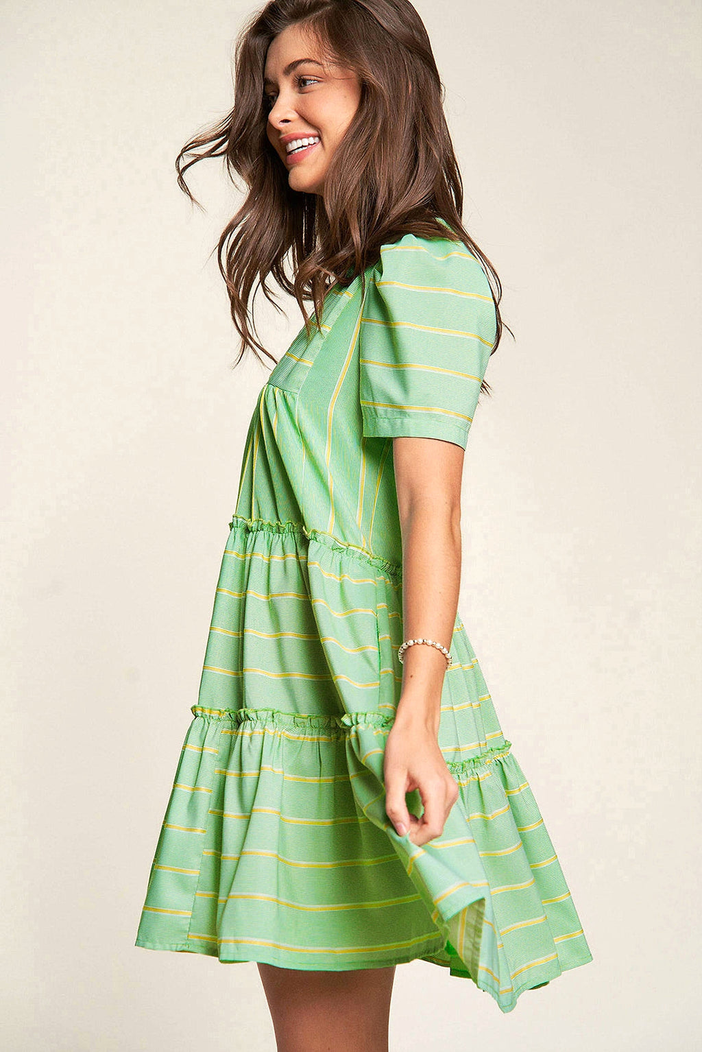 Green Stripe V Neck Short Sleeve Frilled Detail A-line Dress - enhanced image 11