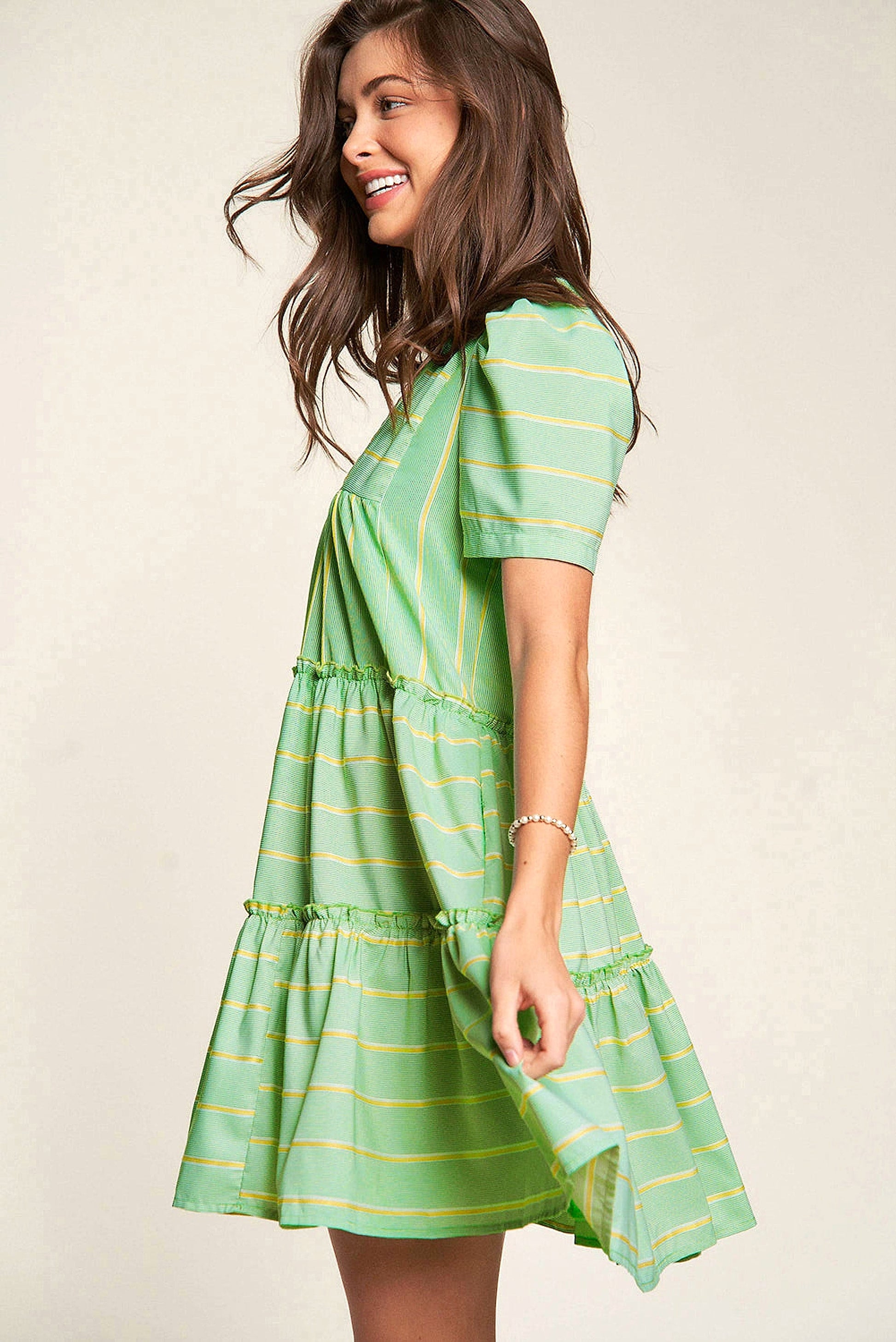 Green Stripe V Neck Short Sleeve Frilled Detail A-line Dress - enhanced image 11