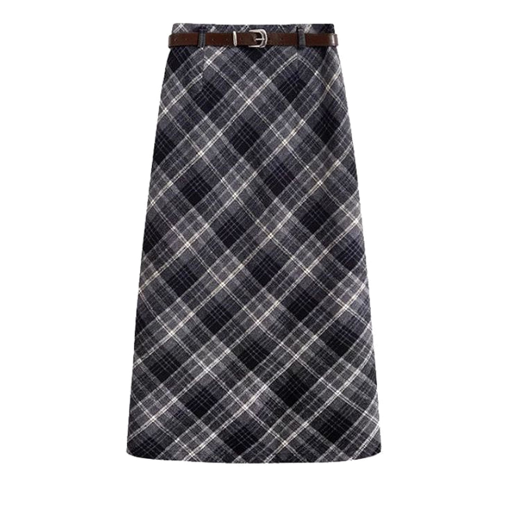High Waist Mid-length Woolen Plaid Skirt For Women - enhanced image 11
