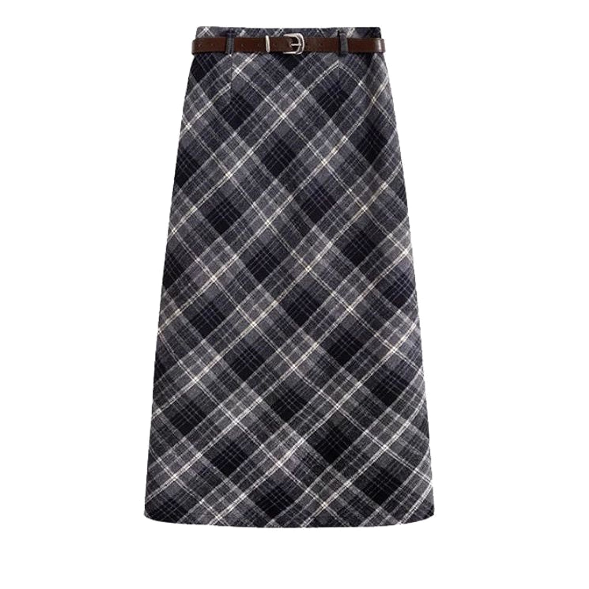 High Waist Mid-length Woolen Plaid Skirt For Women - enhanced image 11