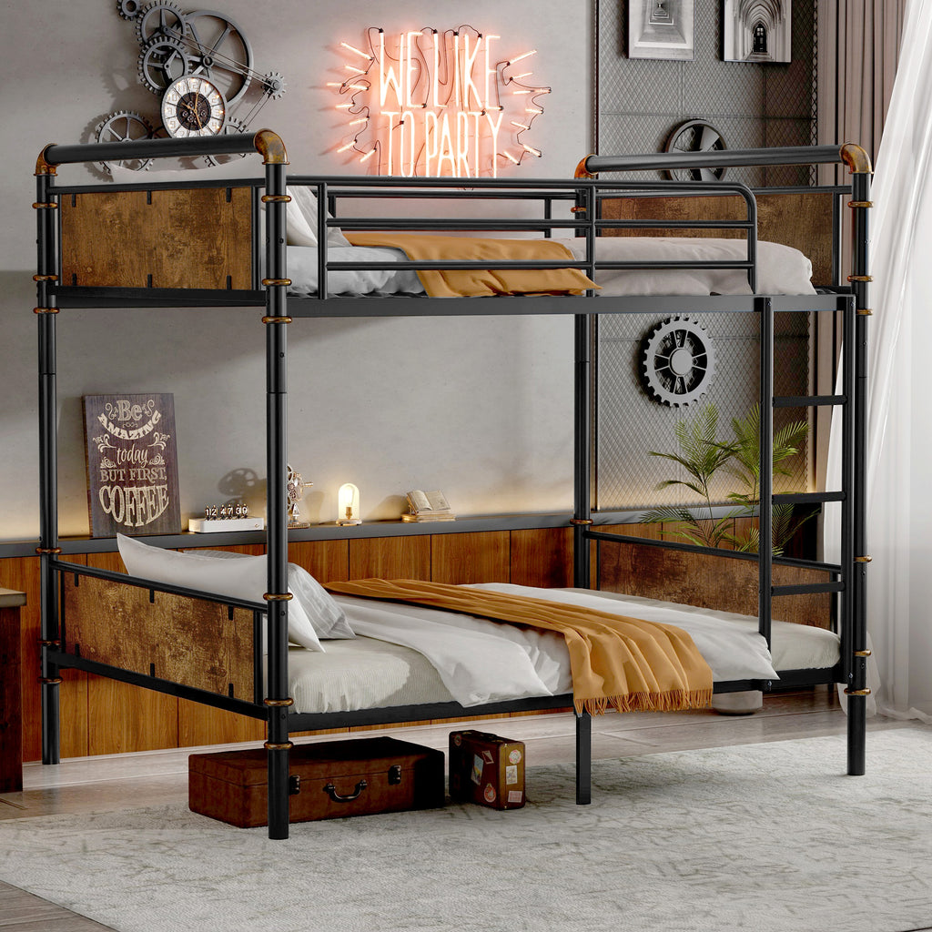 IronLoft™ – Twin XL Over Twin XL Metal Bunk Bed with Rustic Wood Finish & Safety Rail (US Warehouse) - enhanced image 11