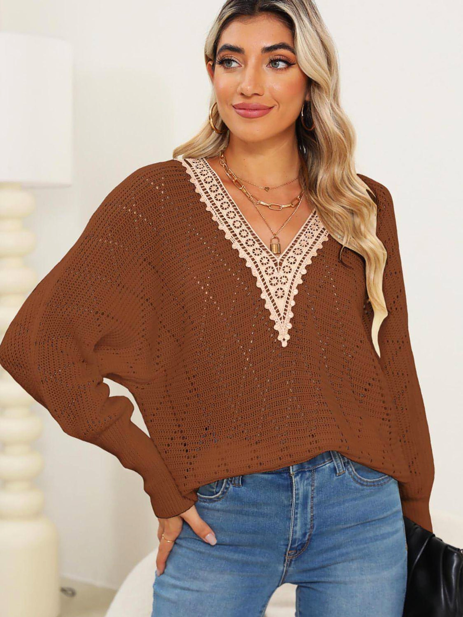 Lace Detail V-Neck Long Sleeve Sweater - enhanced image 11