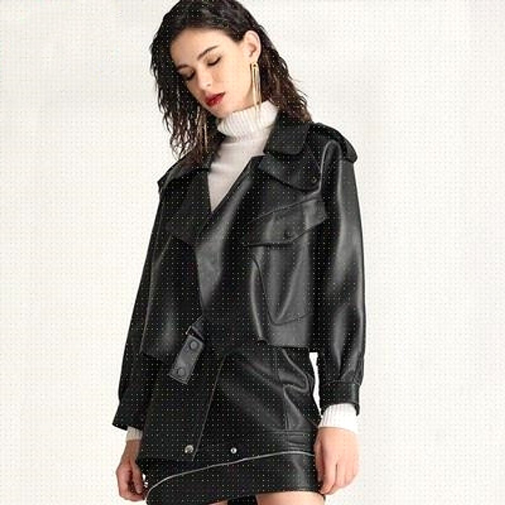 Leather Jacket Women New Outerwear Large Retro - enhanced image 11