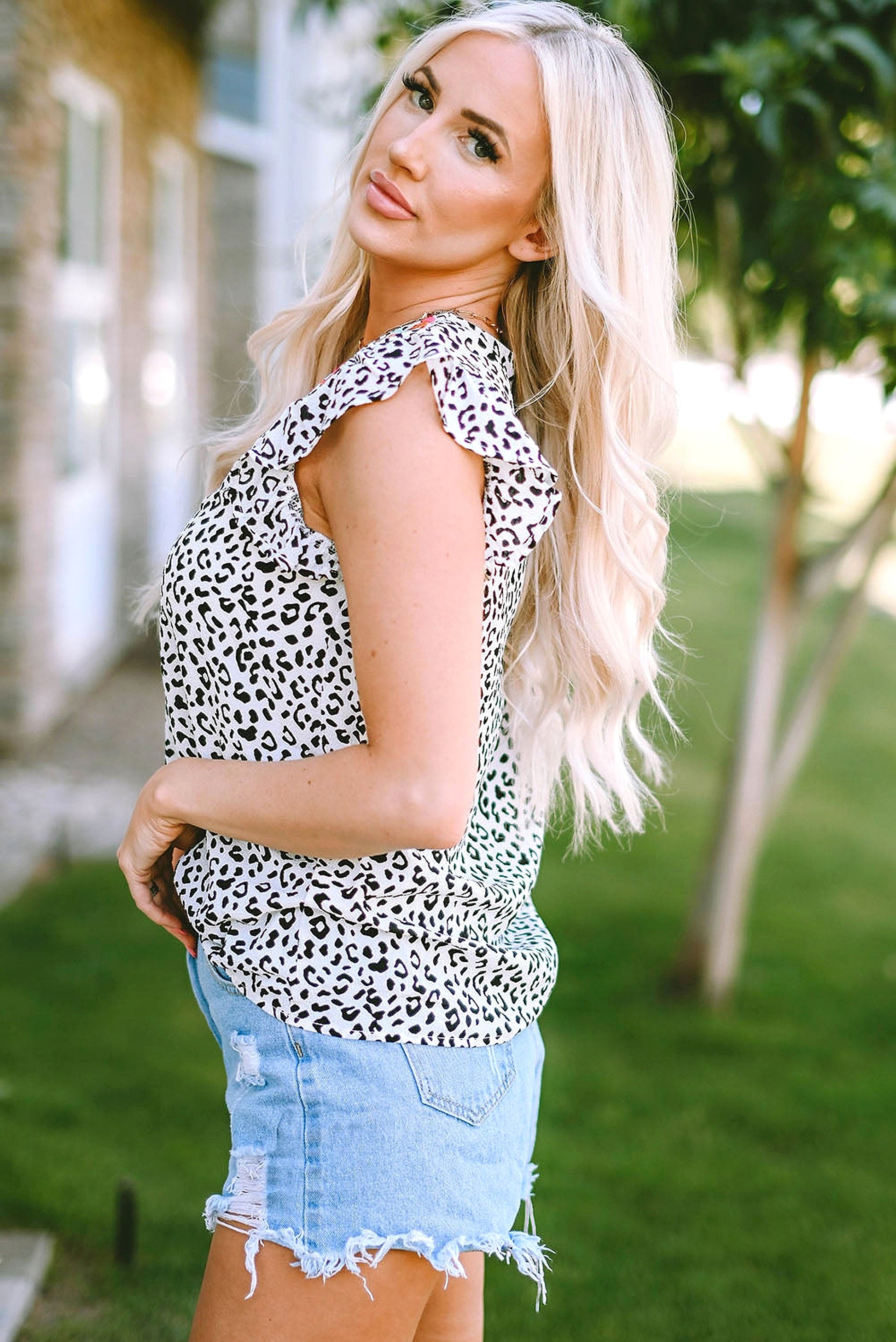 Leopard Ruffle Shoulder Embellished V-neck Sleeveless Top - enhanced image 11