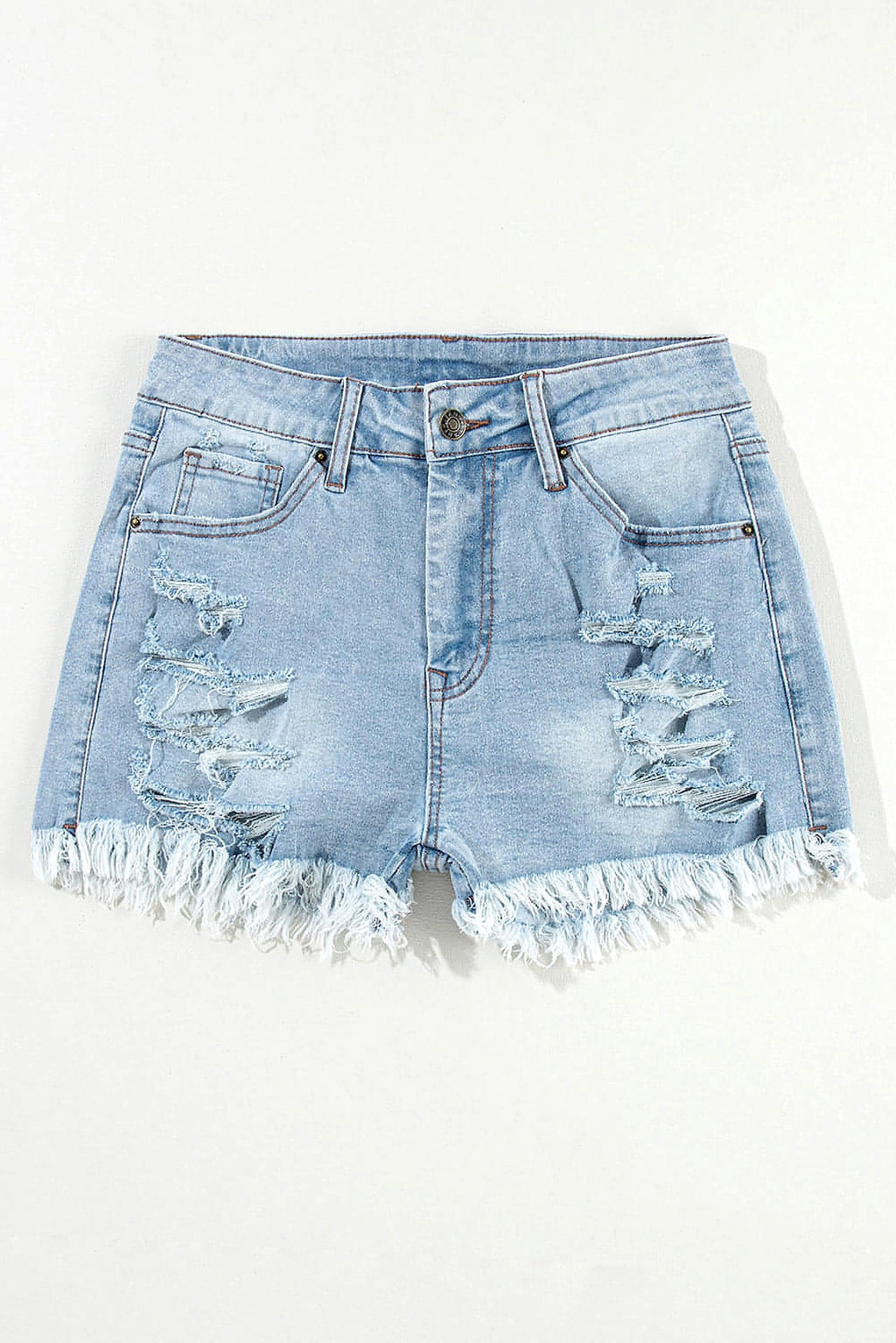 Light Blue Distressed Ripped Raw Hem High Waist Denim Shorts - enhanced image 11