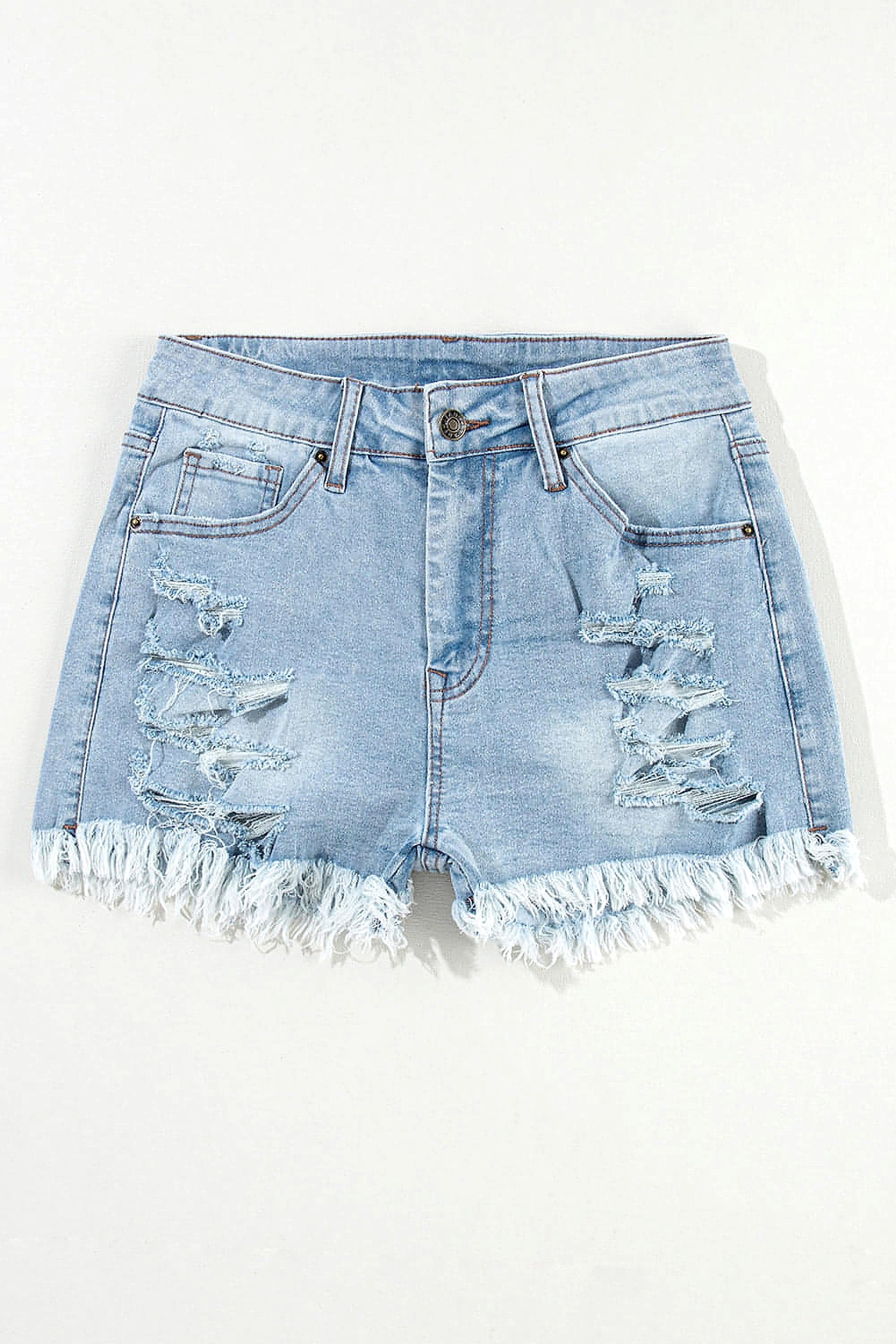 Light Blue Distressed Ripped Raw Hem High Waist Denim Shorts - enhanced image 11