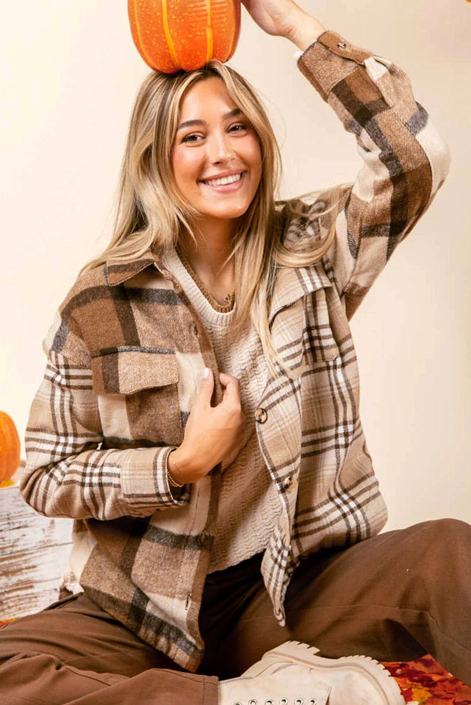 Light French Beige Flannel Plaid Double Flap Pocket Shacket - enhanced image 11