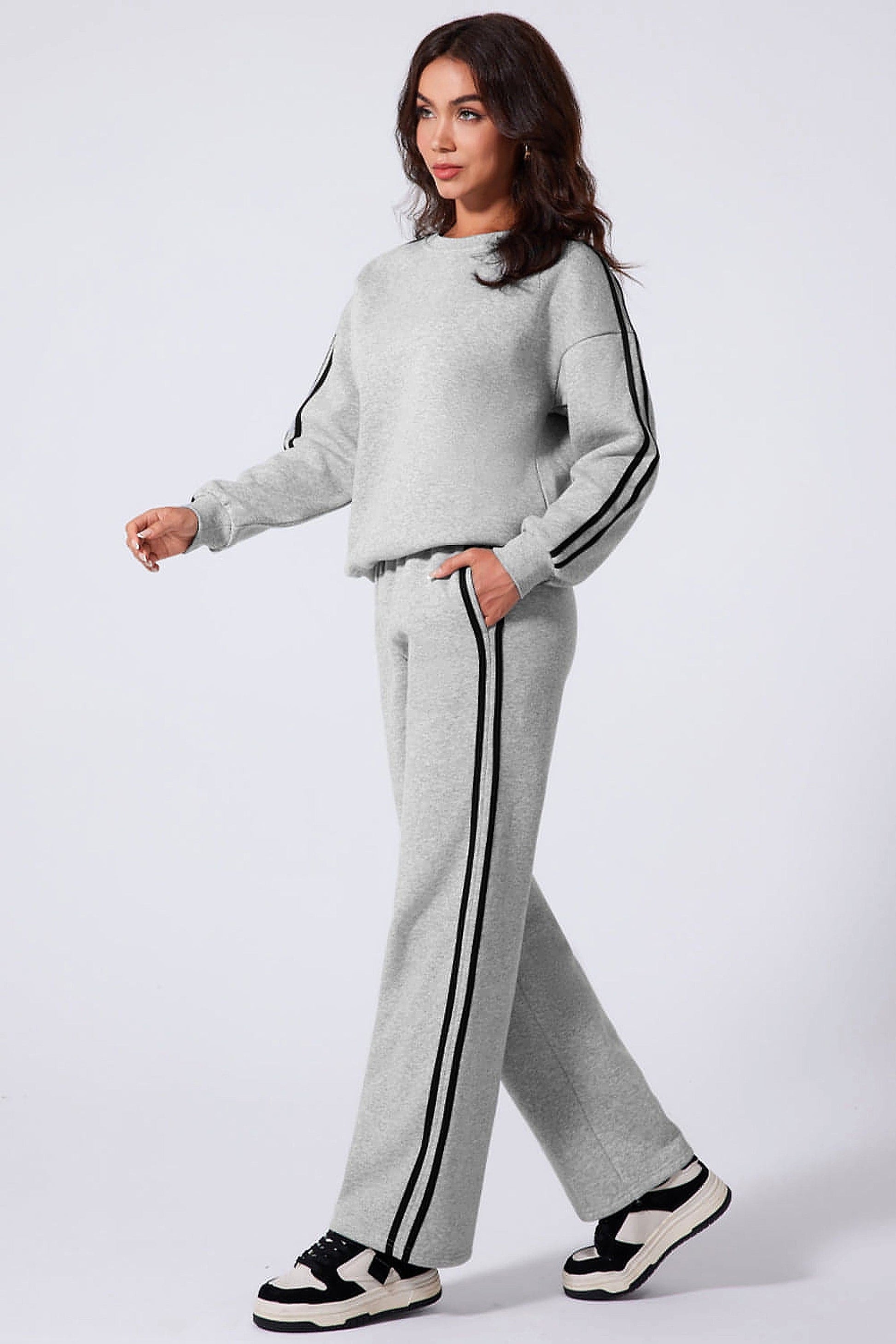 Light Grey Solid Color Side Striped Sweatshirt Active Set - enhanced image 11