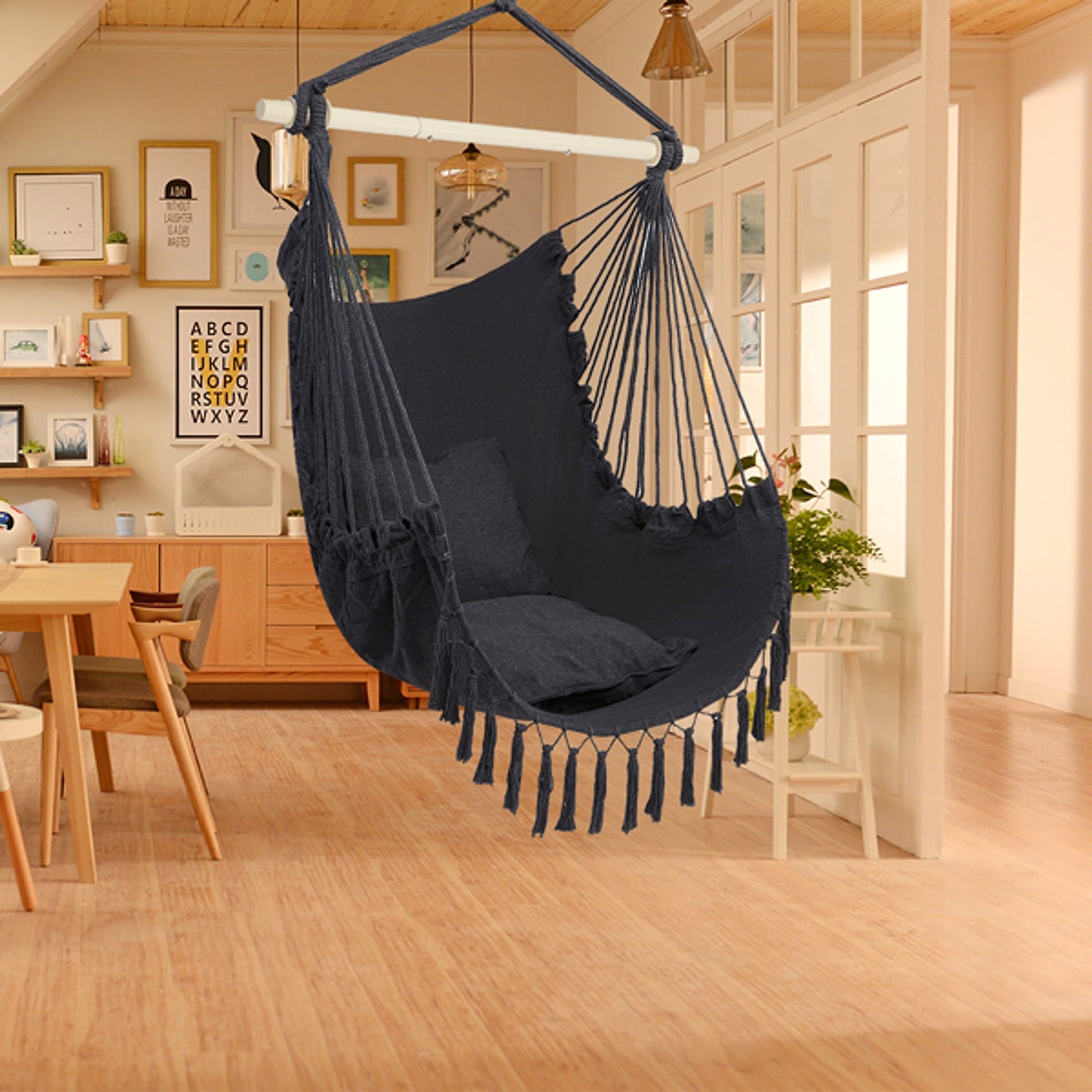 LuneluX – Boho Hanging Chair with Fringe & Cushions (Gray) - enhanced image 11