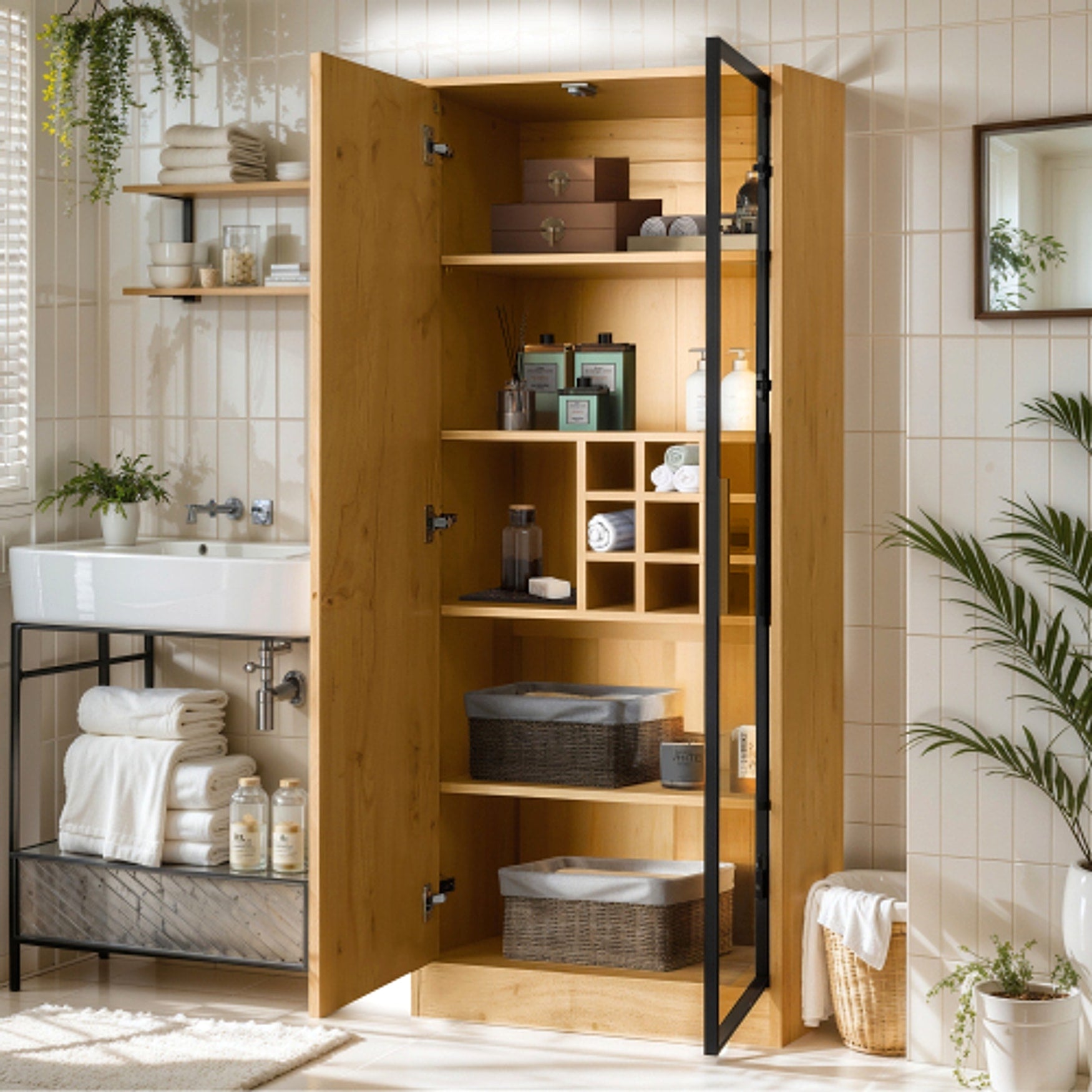 LuneluX_Home – Bathroom Cabinet with Glass Doors, LED Lighting & Wooden Finish (160 cm) - enhanced image 11