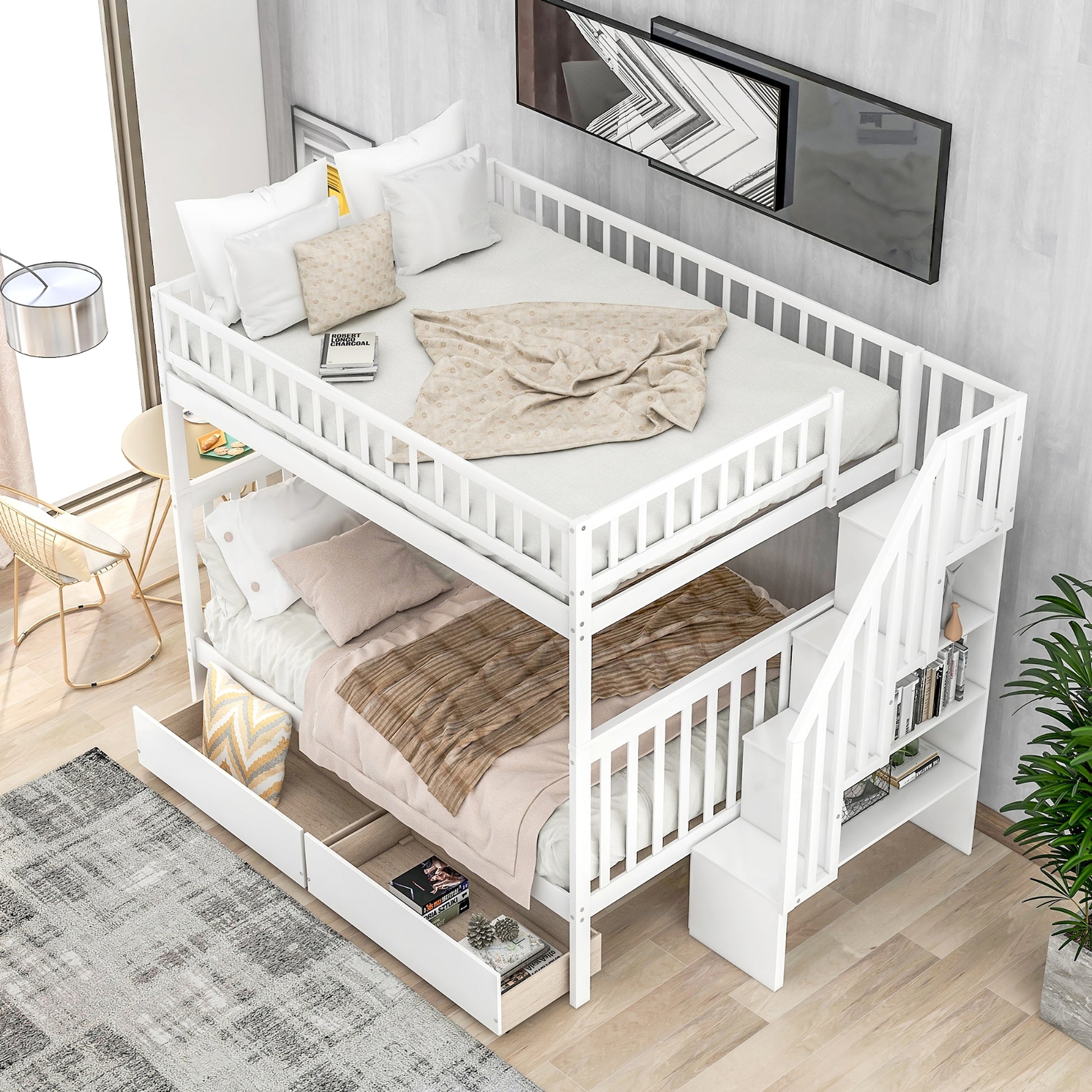 LuneluX_Home – Full-Over-Full Bunk Bed with Storage Drawers (White) - enhanced image 11