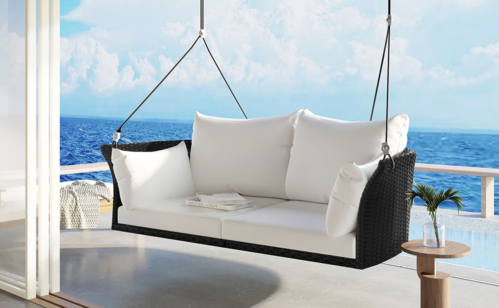 LuneluX_Home – Hanging Rattan Porch Swing for 2 (Black Wicker + White Cushions) - enhanced image 11