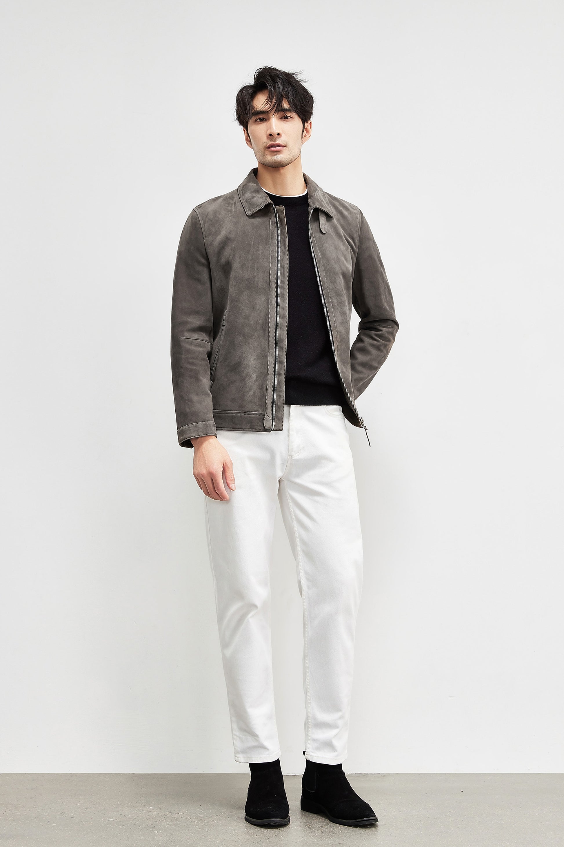 A1. Men's Lambskin Suede Lapel Biker's Leather Jacket - enhanced image 11