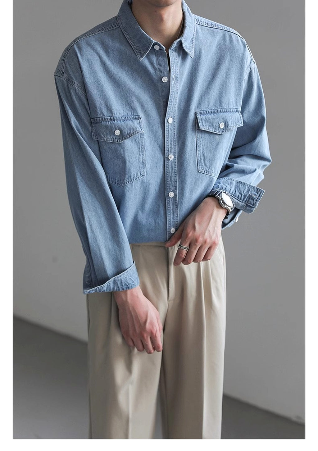 Minority Simple Long Sleeve Denim DressShirt Men's Loose - enhanced image 11
