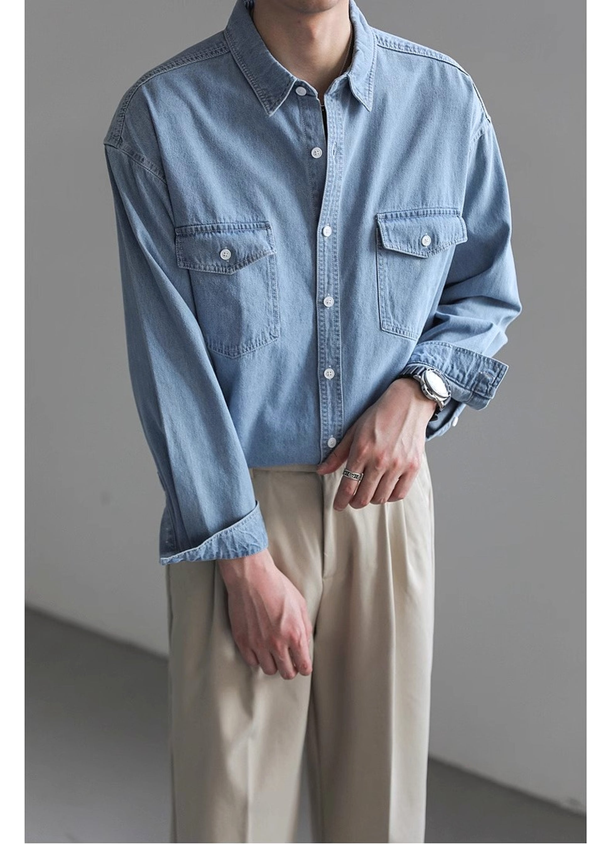 Minority Simple Long Sleeve Denim DressShirt Men's Loose - enhanced image 11
