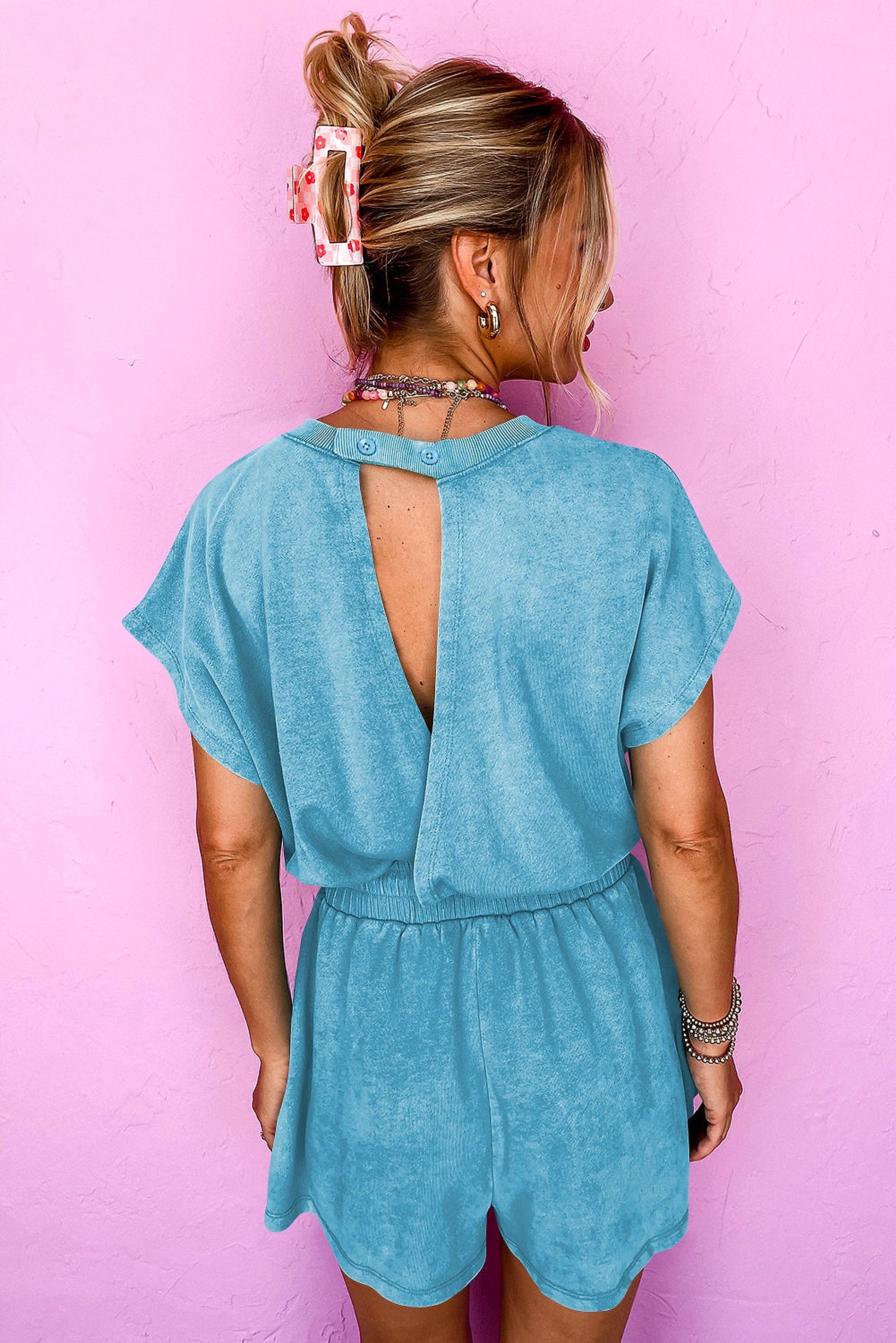 Mist Blue Mineral Wash Drawstring Waist Hollow Out Back Short Sleeve Romper - enhanced image 11