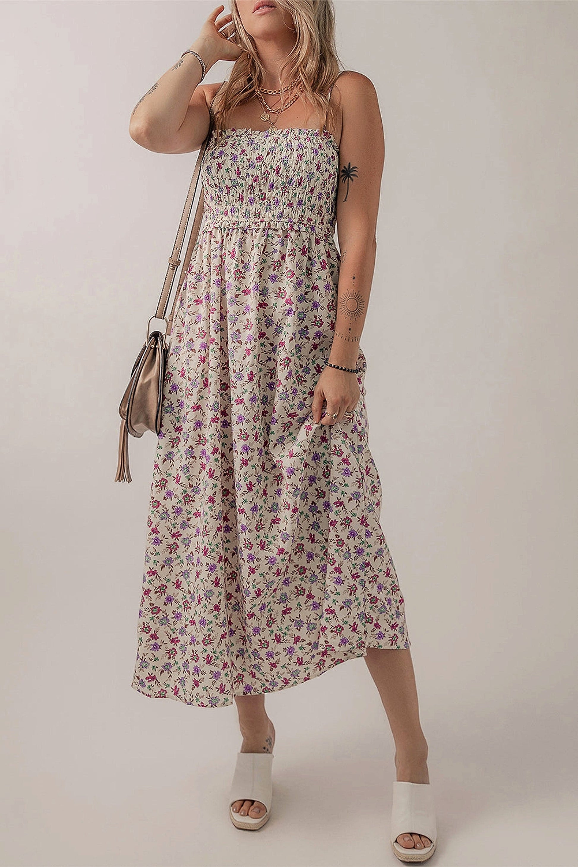 Multicolour Bohemian Ditsy Floral Smocked Fit Flare Sundress - enhanced image 11