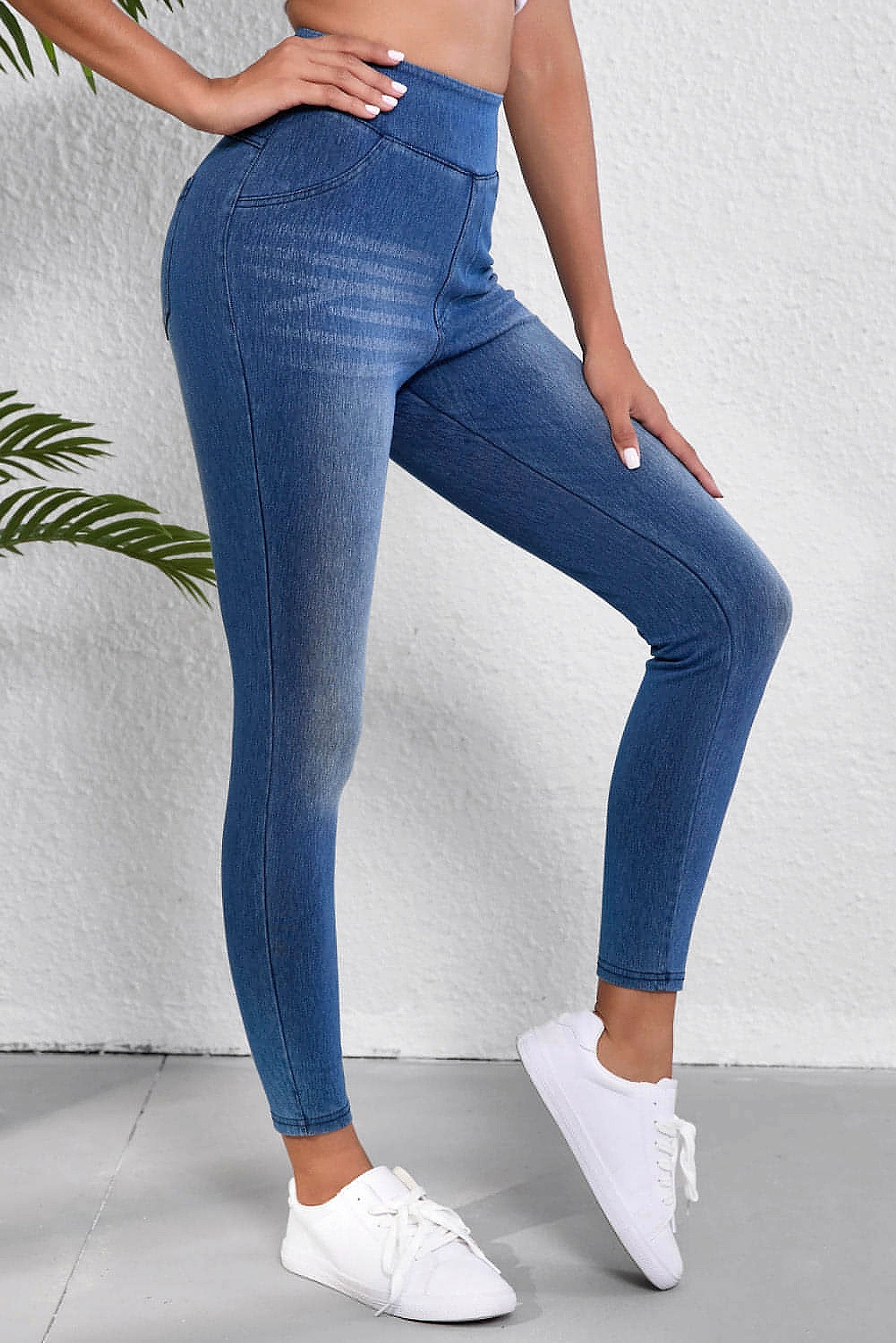 Navy Blue Skinny Elastic Waist Ankle Length Mid Waist Jeggings with Pockets - enhanced image 11
