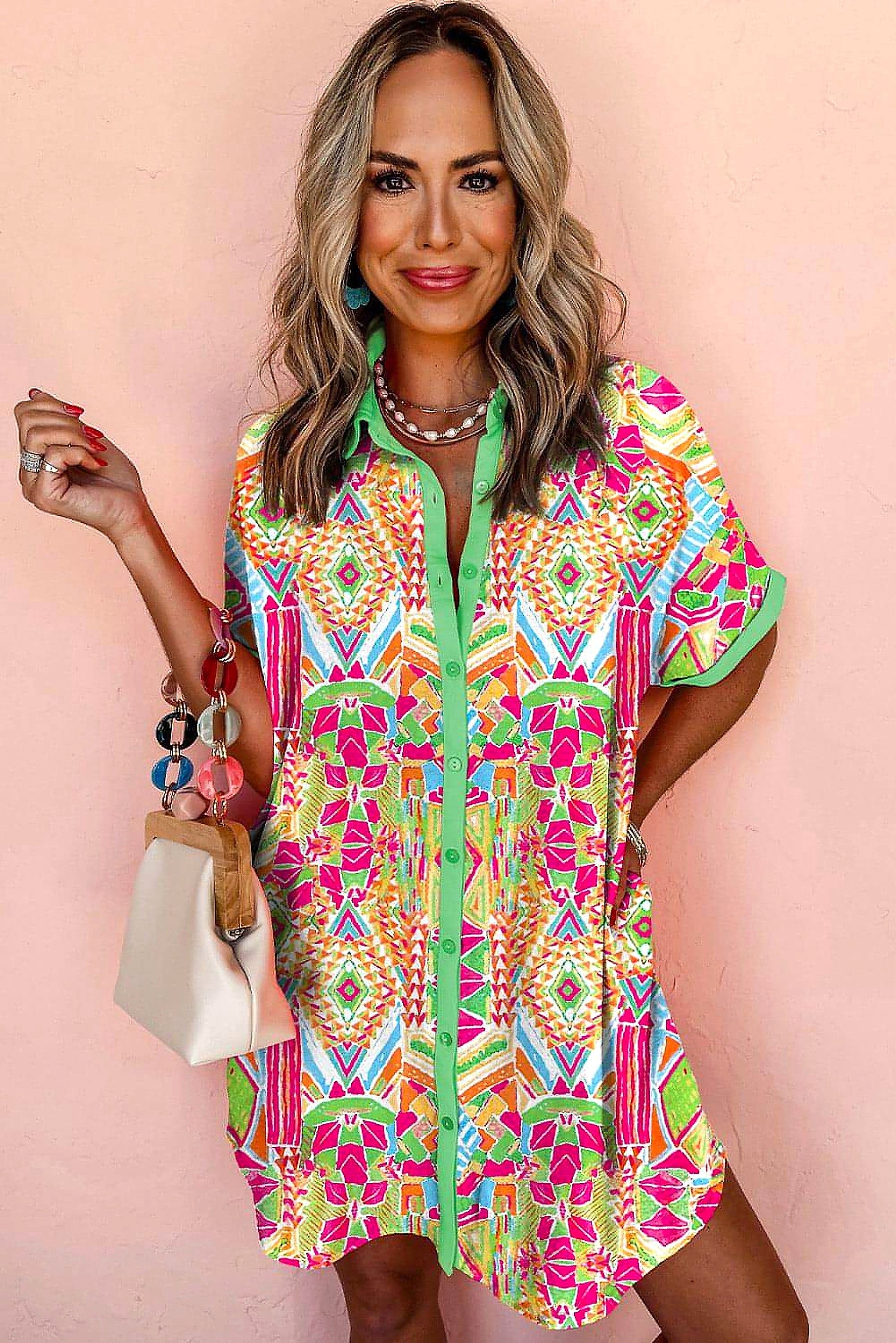 Orange Geometric Print Contrast Short Sleeve Shirt Dress - enhanced image 11