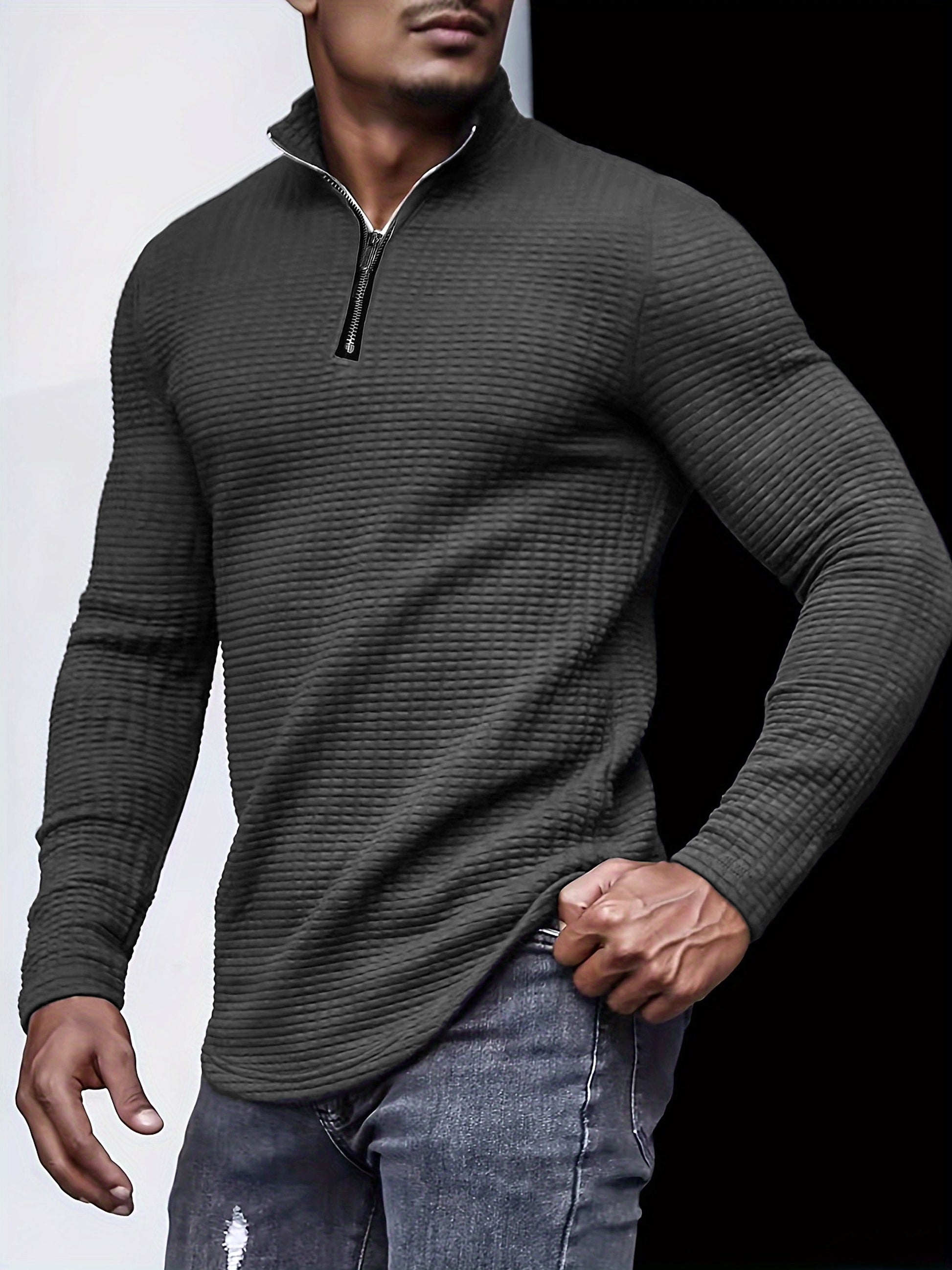Outdoor Stand Collar Half Zip Training T-shirt Waffle Sports Bottoming - enhanced image 11