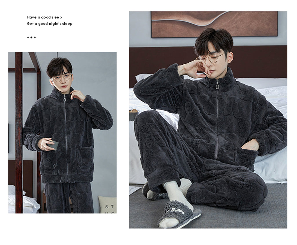 Pajamas Men's Jacquard Flannel Loose Fleece-lined Warm Loungewear - enhanced image 11