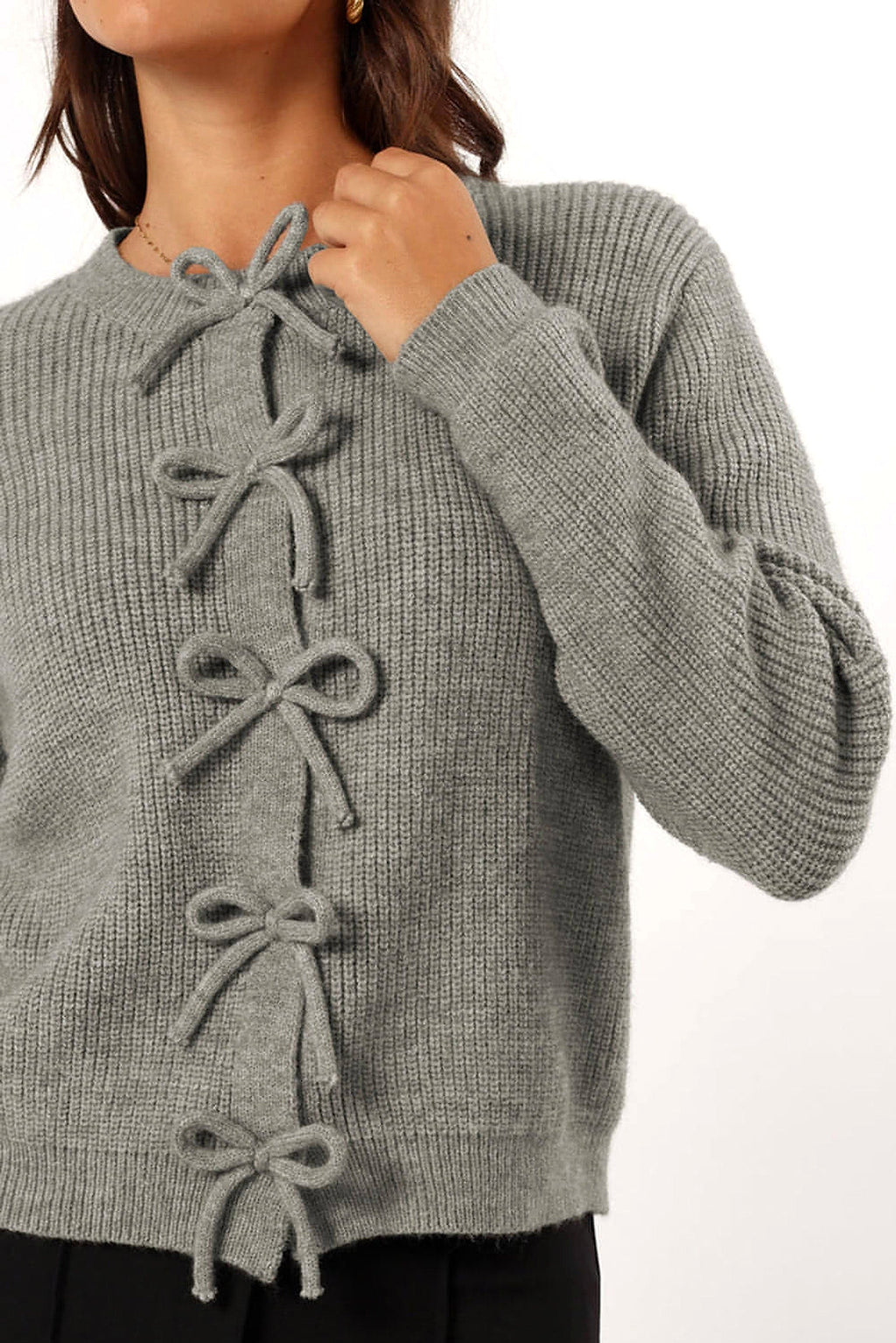 Philippine Gray Ribbed Knit Bow Front Buttoned Cardigan - enhanced image 11