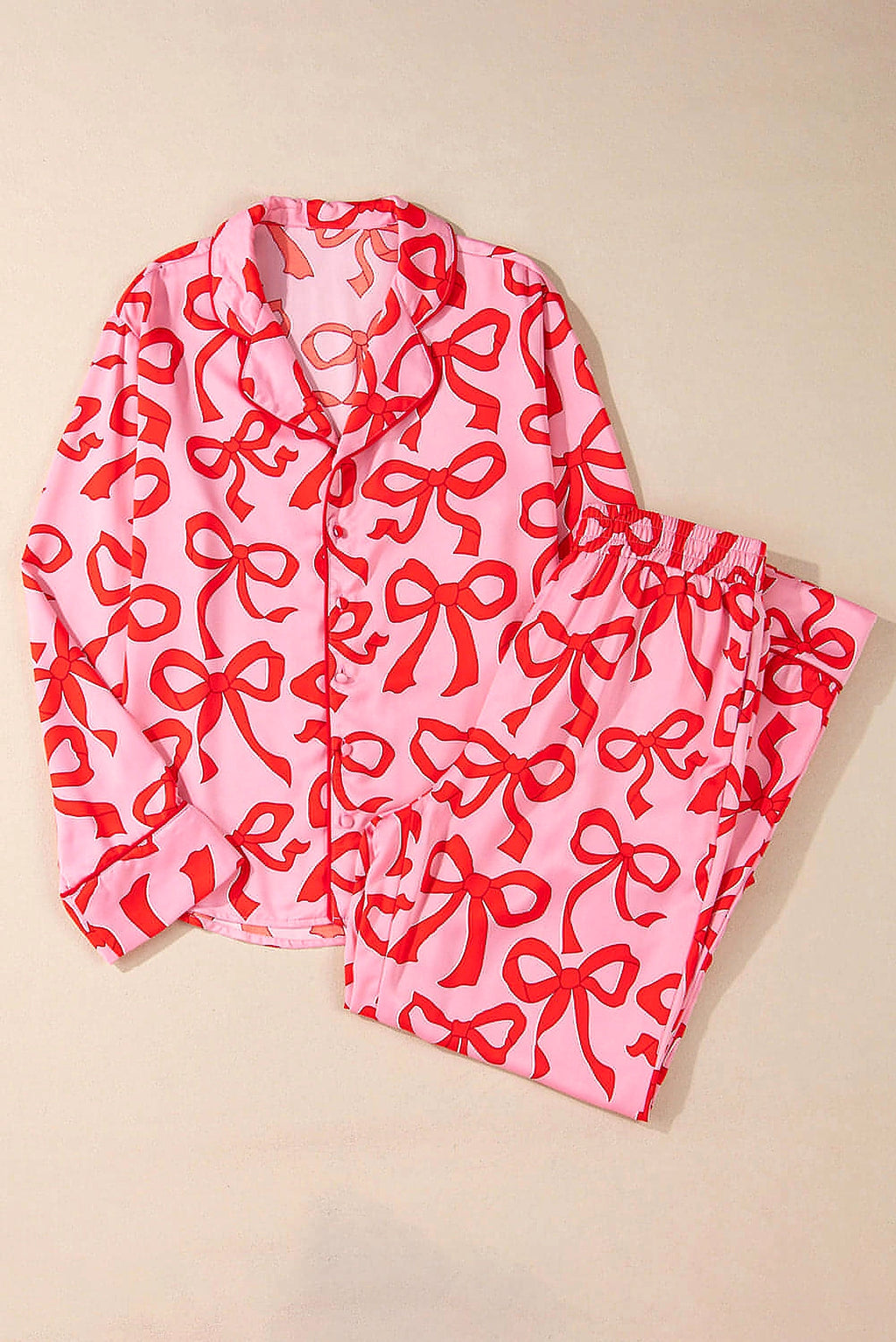 Pink 2pcs Bow Print Shirt Style Long Sleeve Pajama Set - enhanced image 11