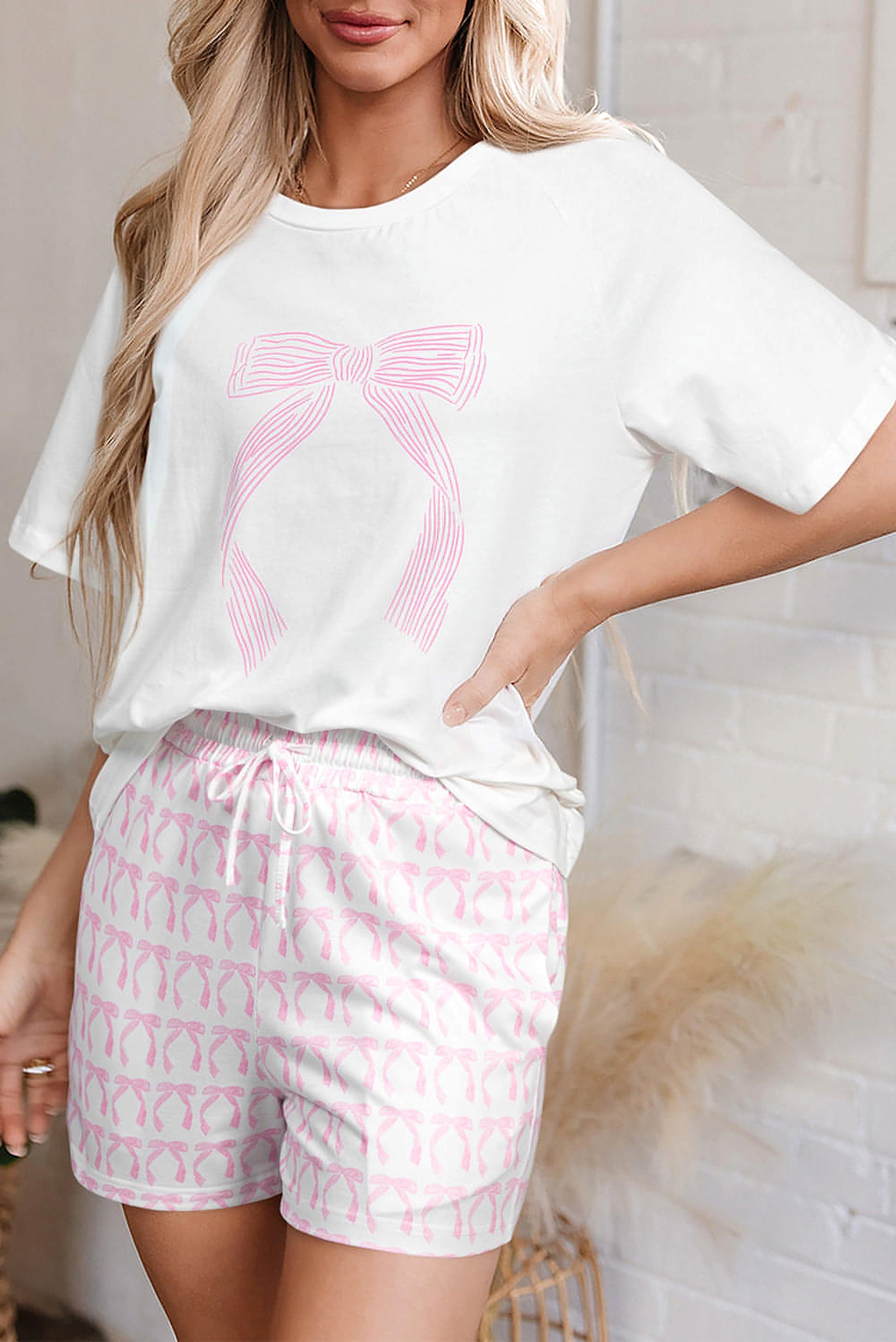 Pink Bow Knot Print Loose Fit Two Piece Casual Lounge Set - enhanced image 11