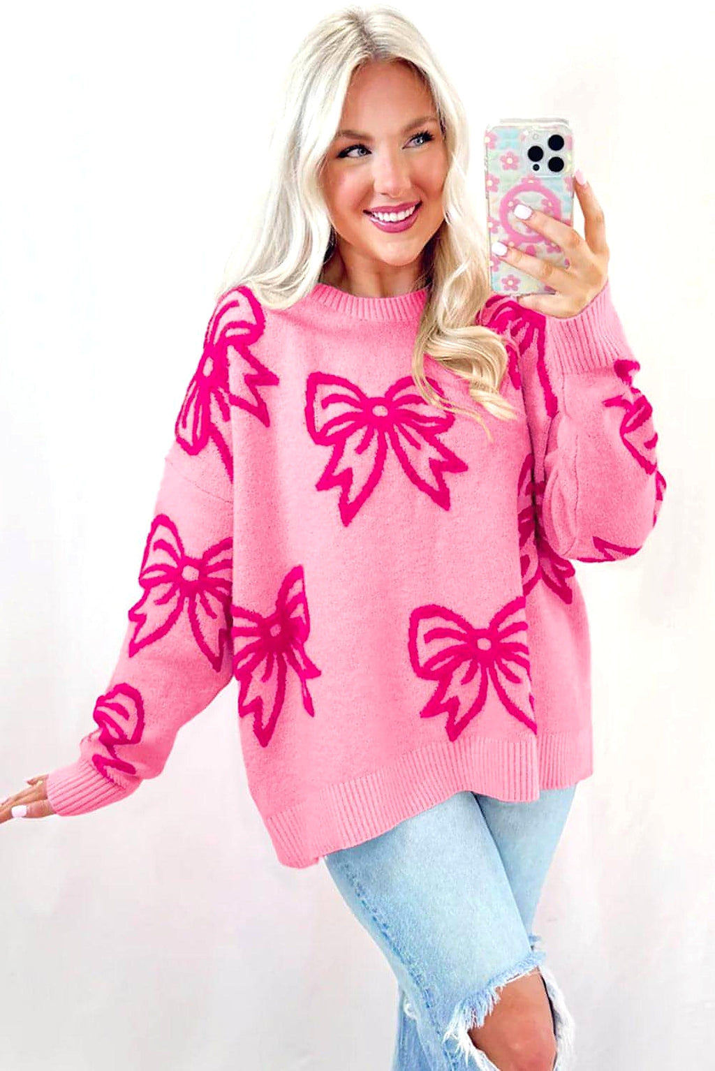 Pink Bow Pattern Drop Shoulder Loose Sweater - enhanced image 11