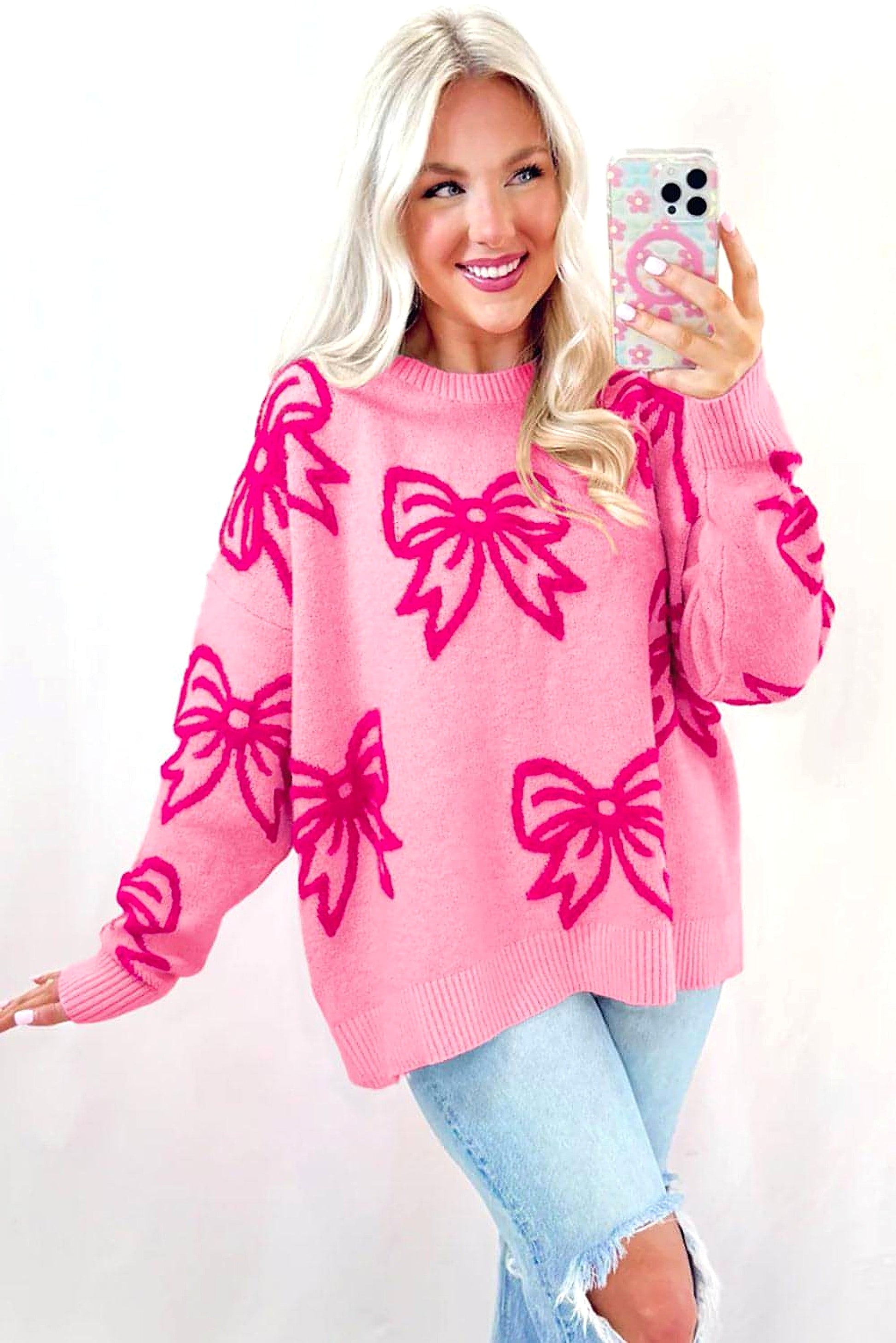 Pink Bow Pattern Drop Shoulder Loose Sweater - enhanced image 11