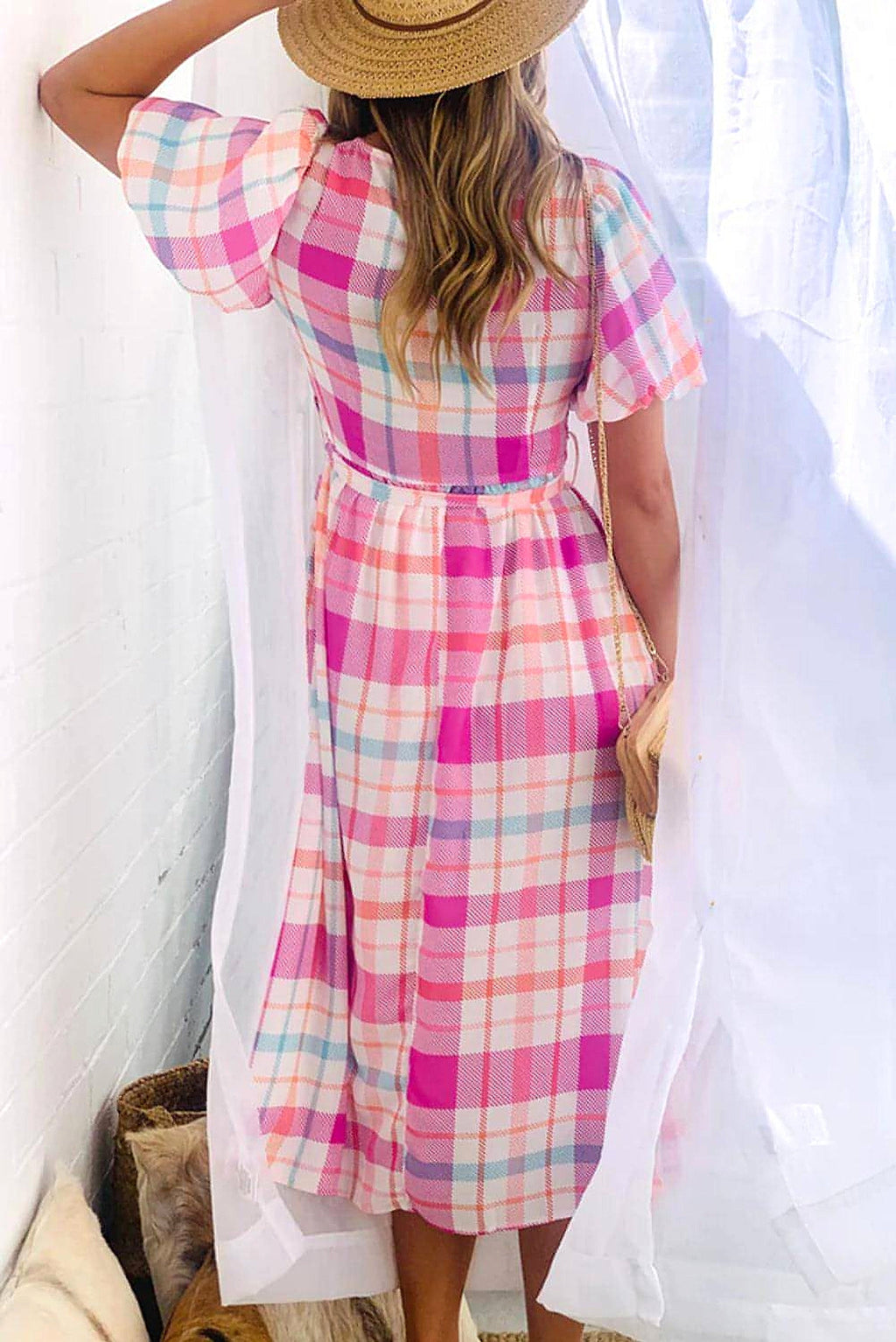 Pink Checkered Puff Sleeve Belted Midi Dress - enhanced image 11