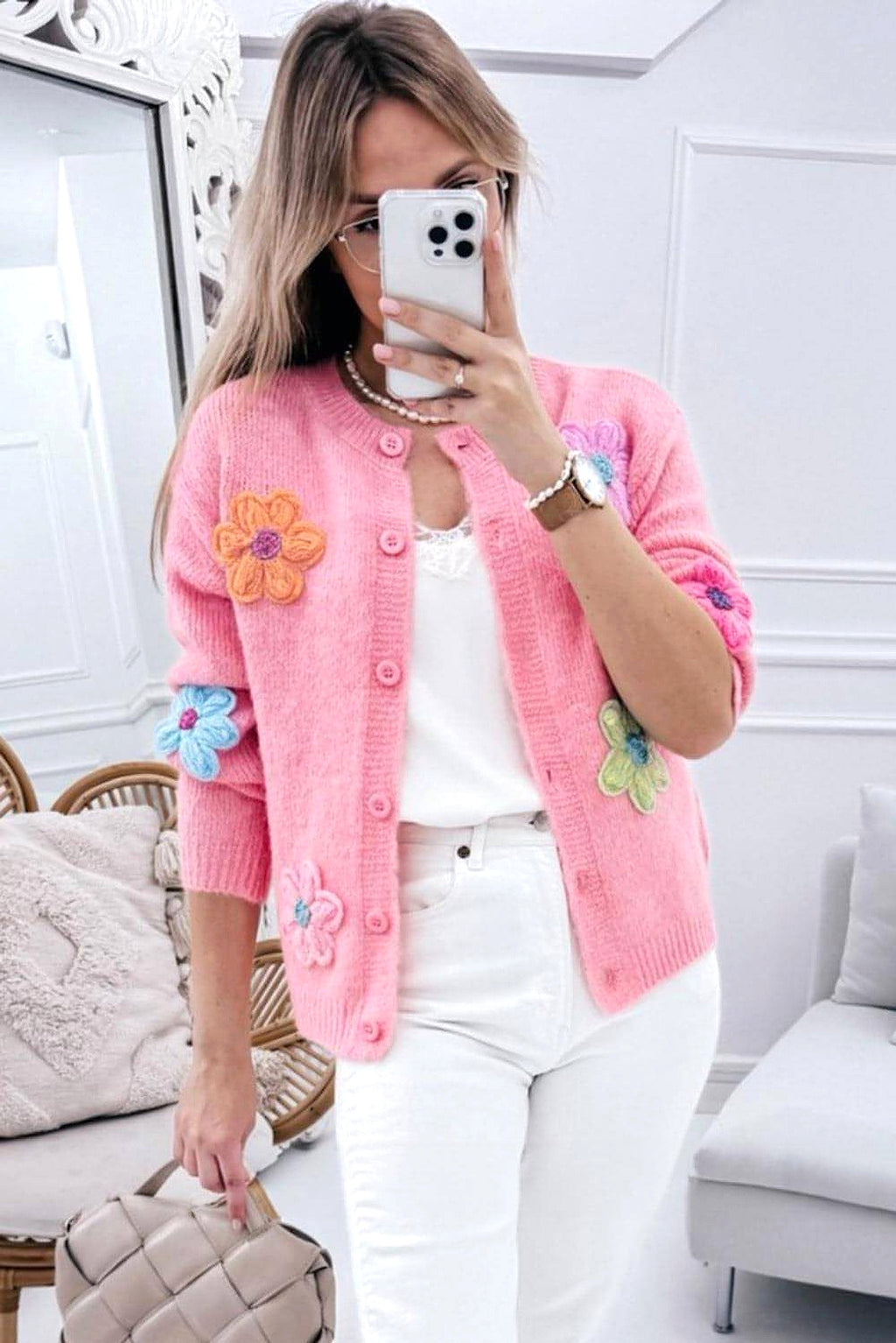 Pink Cute Knitted Floral Pattern Button Up Cardigan - enhanced image 11